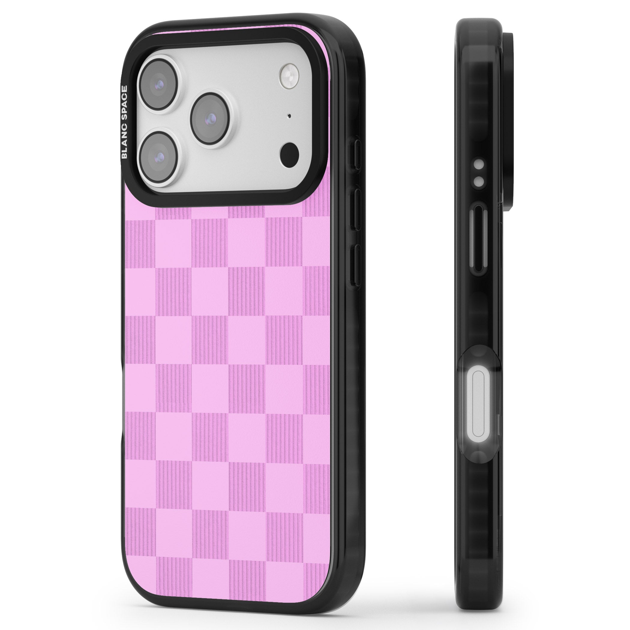 Bubblegum Checkered iPhone 17 Pro Impact Black Phone Case Side Profile
