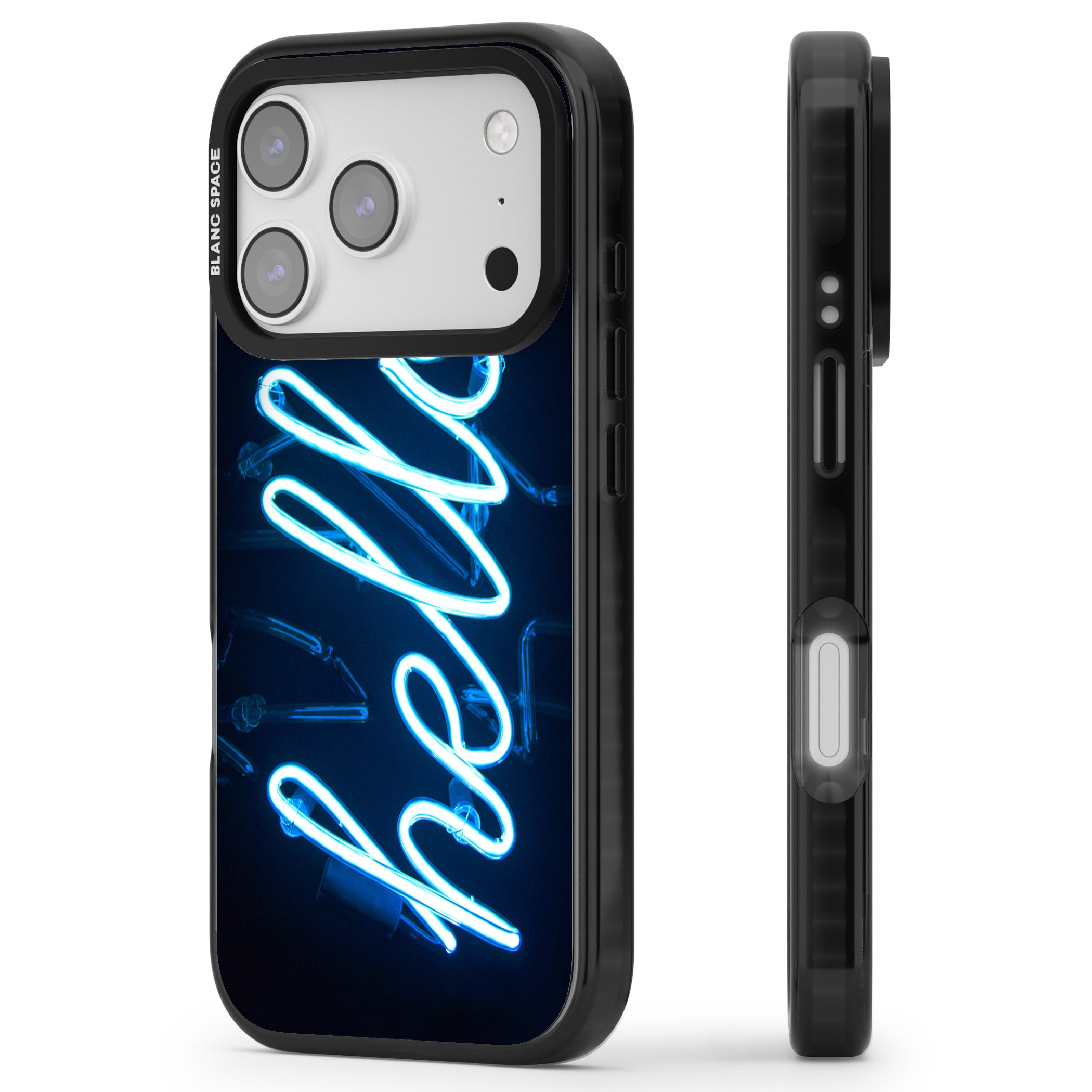 Hello Neon Sign iPhone 17 Pro Impact Black Phone Case Side Profile
