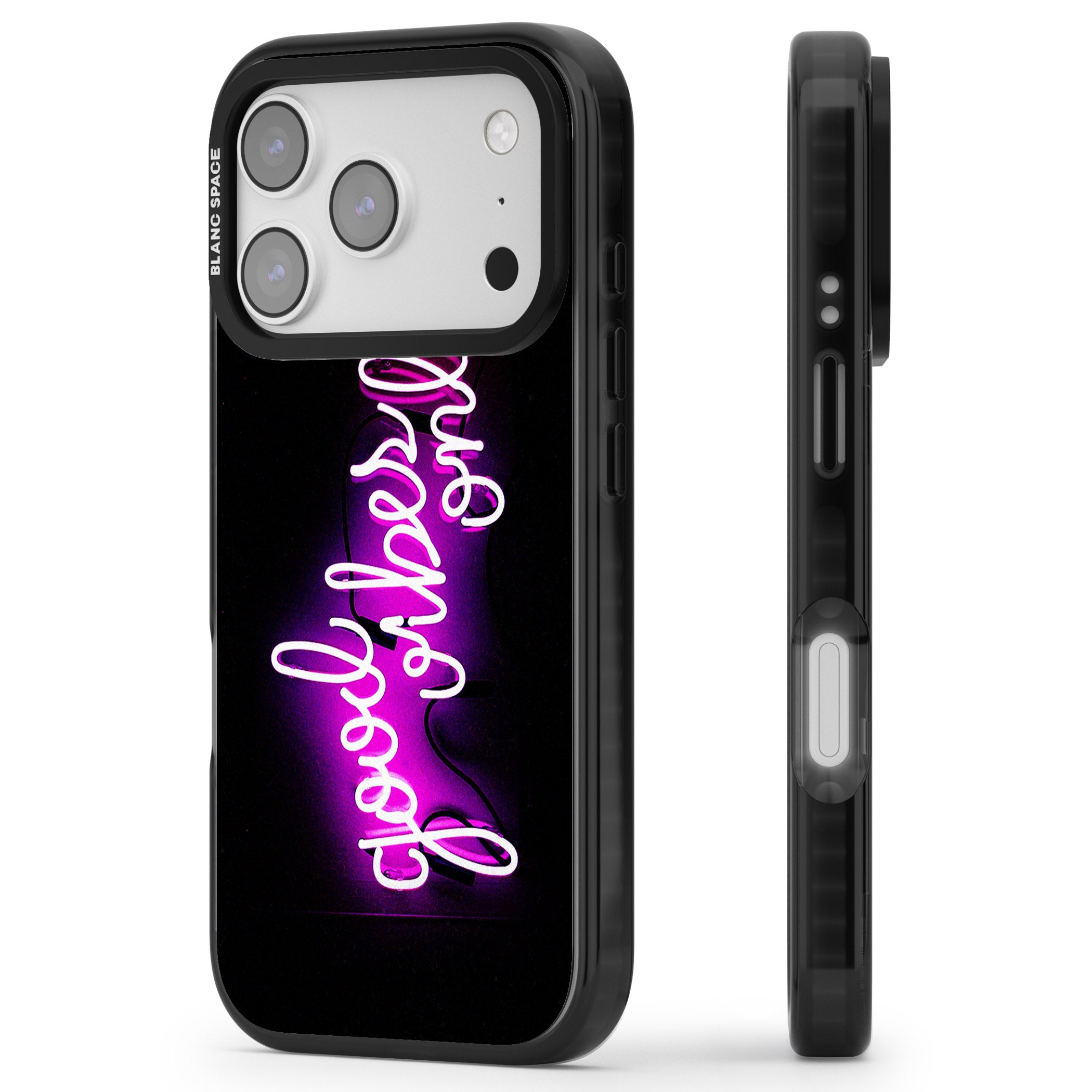 Good Vibes Only Neon Glow iPhone 17 Pro Impact Black Phone Case Side Profile