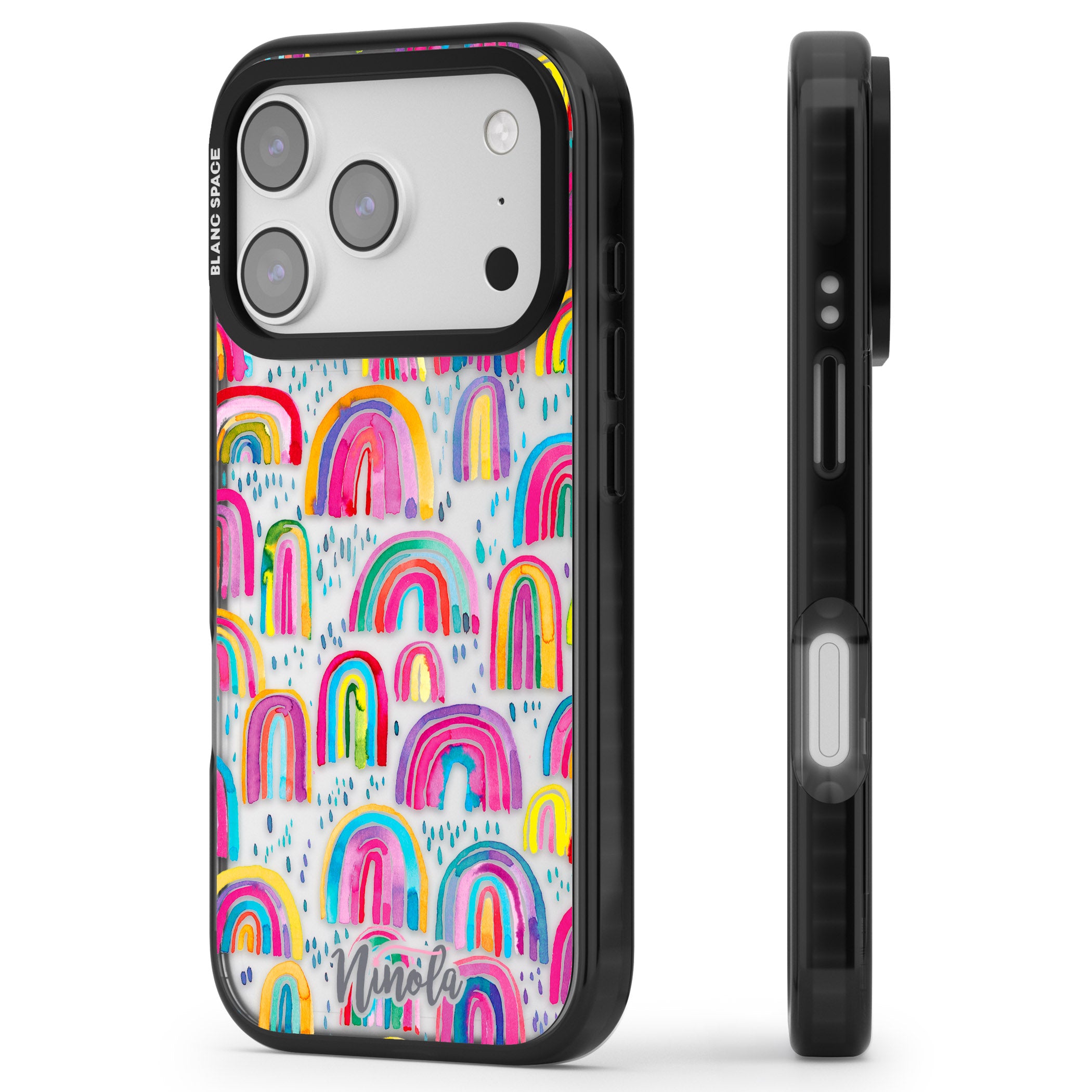 Watercolor Rainbow iPhone 17 Pro Impact Black Phone Case Side Profile