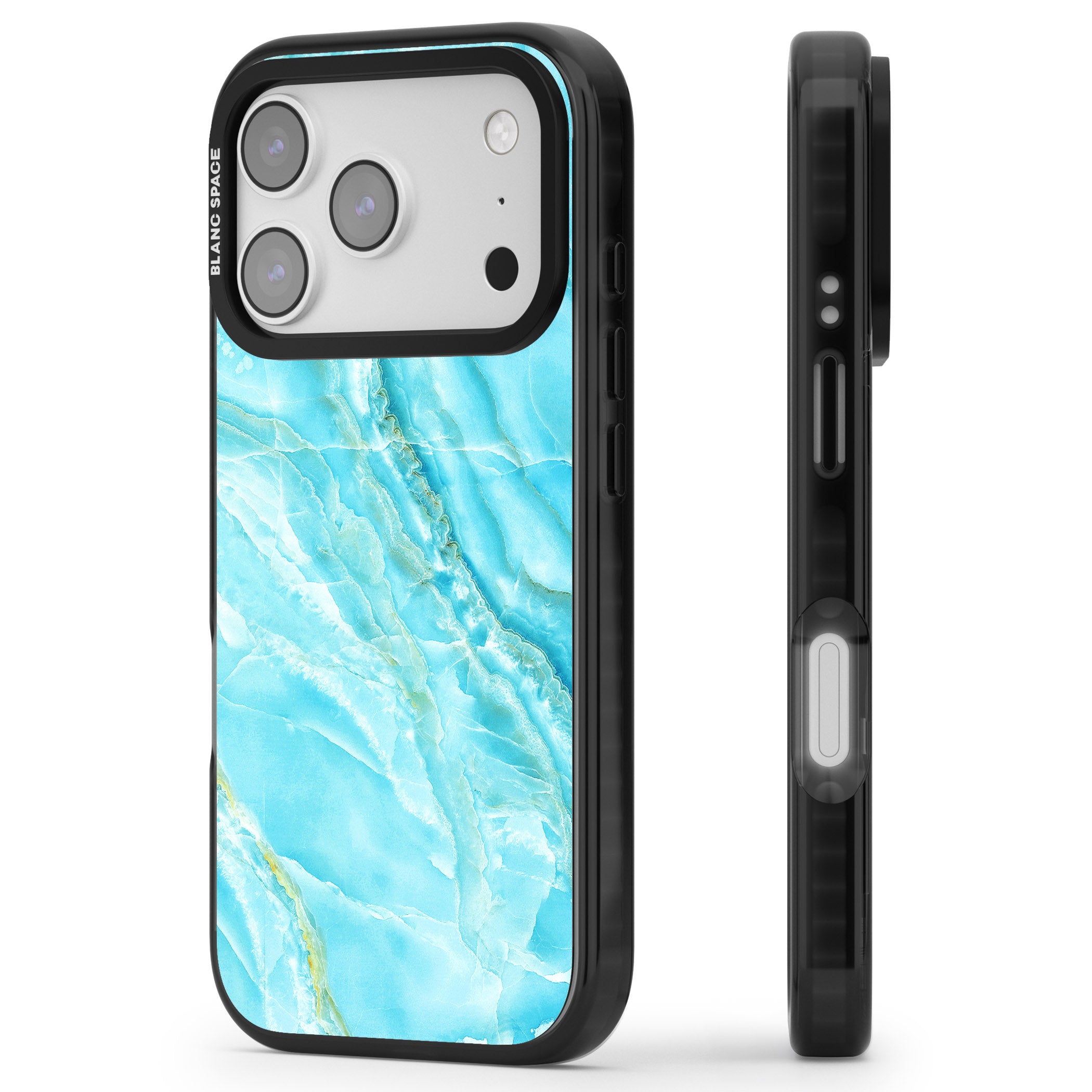 Blue Onyx Marble iPhone 17 Pro Impact Black Phone Case Side Profile