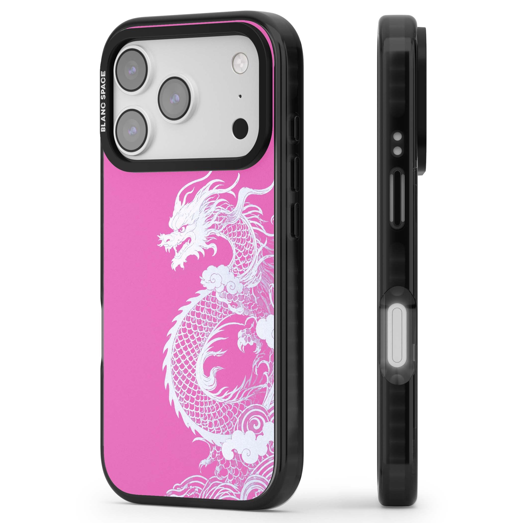Pink Empress chinese dragon iPhone case featuring a white dragon, swirling clouds and pink dragon wallpaper backdrop | Clear Impact case for iPhone 17 Pro, iPhone 17 Pro Max