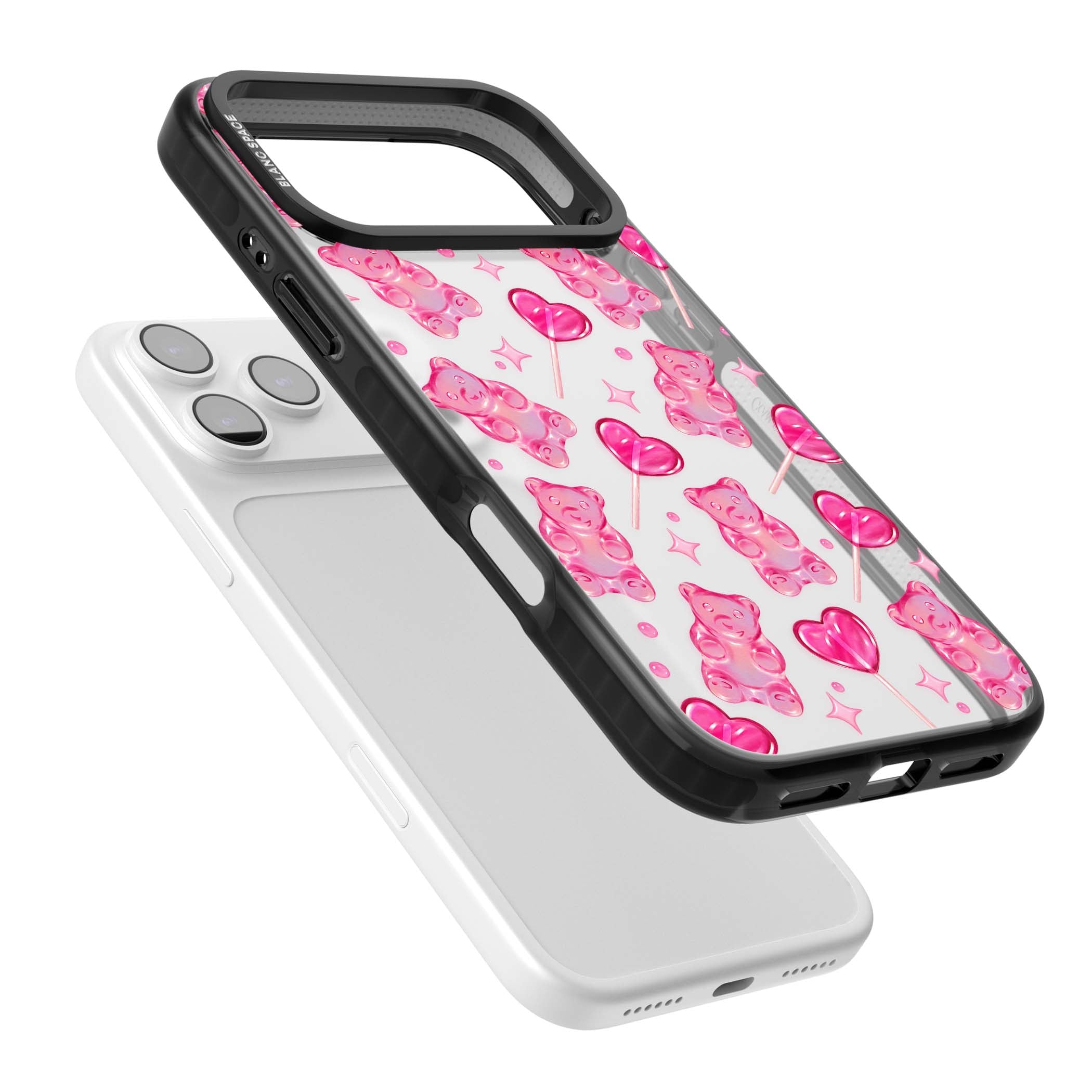 Pink Sugar pinkcore iPhone case featuring pink gummy bears, heart-shaped lollipops and sparkle stars | Clear Impact case for iPhone 17 Pro, iPhone 17 Pro Max