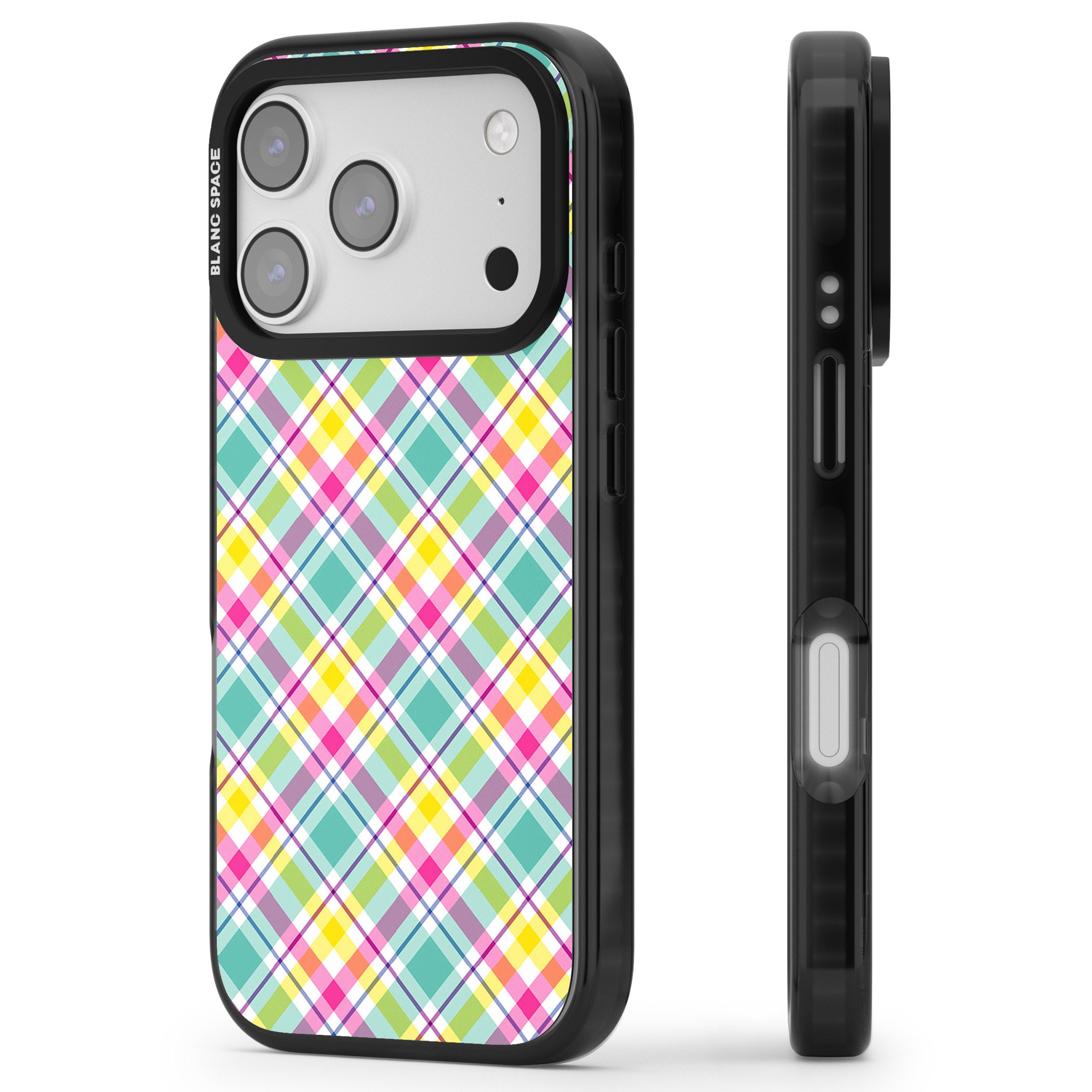 Crosshatch Plaid iPhone 17 Pro Impact Black Phone Case Side Profile