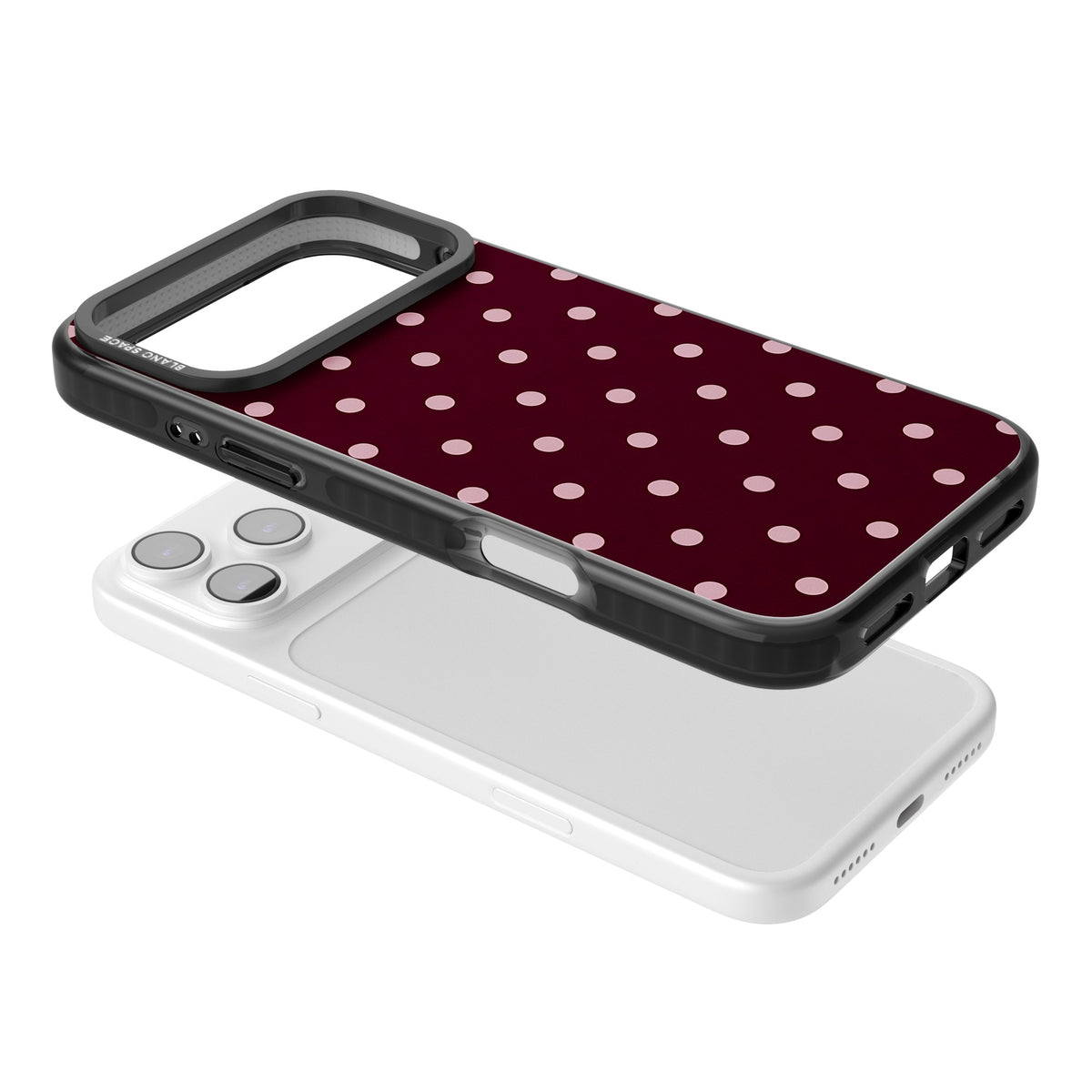 Merlot Dots polka dot iPhone case featuring dusty pink spots on a deep burgundy background in a retro grid iPhone 17 Pro Max Impact Black Phone Case angled