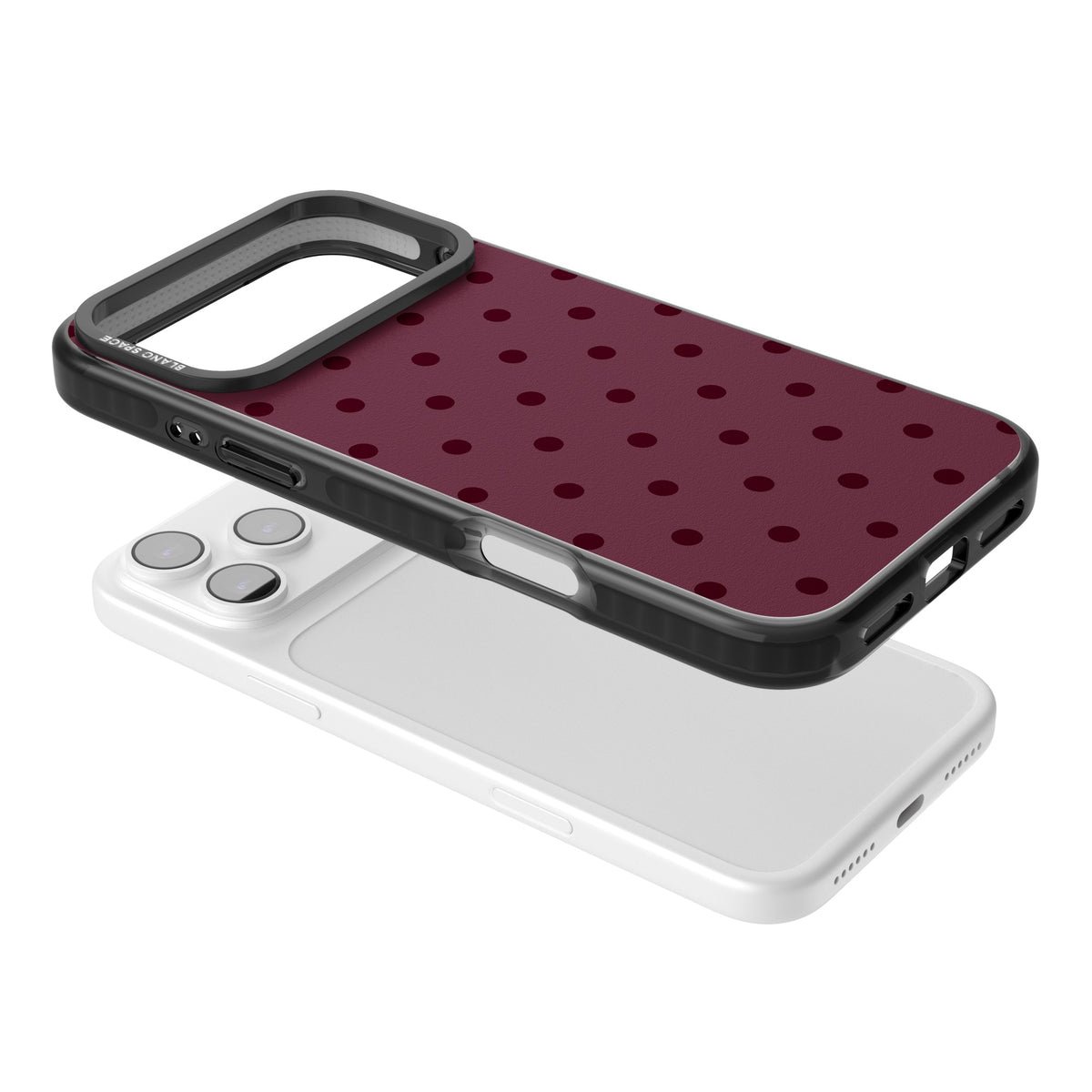 Burgundy Polka Dot minimalist iPhone case featuring black polka dots on a deep burgundy wine red background iPhone 17 Pro Max Impact Black Phone Case angled