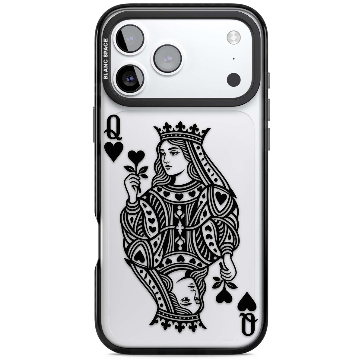 Queen Of Hearts (Black) queen of hearts iPhone case featuring vintage playing card illustration with crown and hearts suit | Clear Impact case for iPhone 17 Pro, iPhone 17 Pro Max