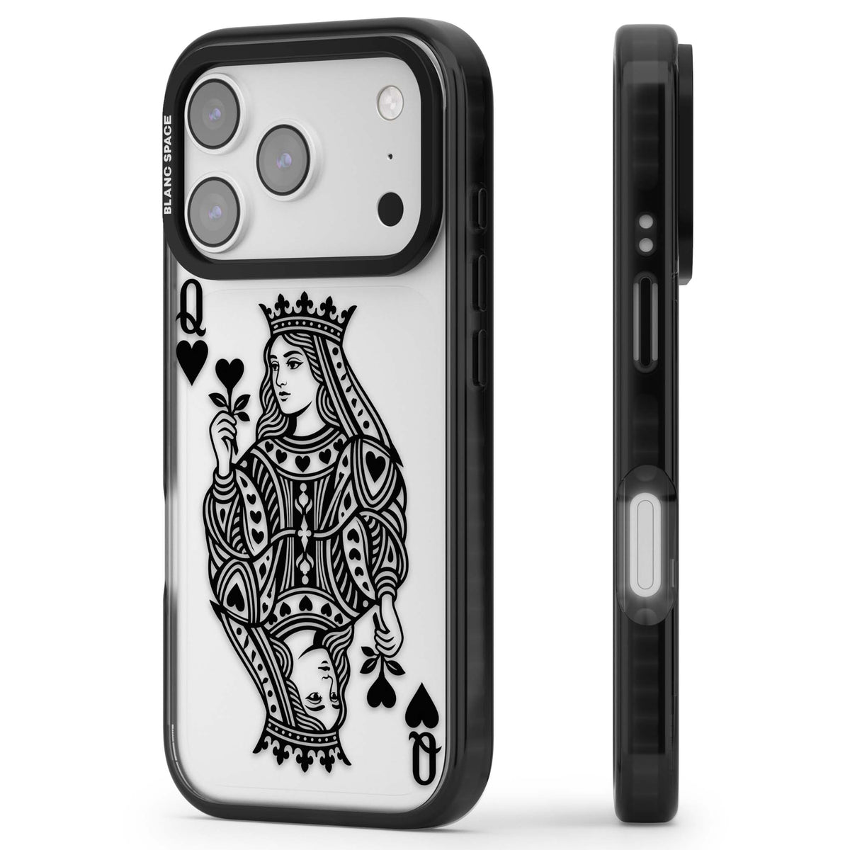 Queen Of Hearts (Black) queen of hearts iPhone case featuring vintage playing card illustration with crown and hearts suit | Clear Impact case for iPhone 17 Pro, iPhone 17 Pro Max