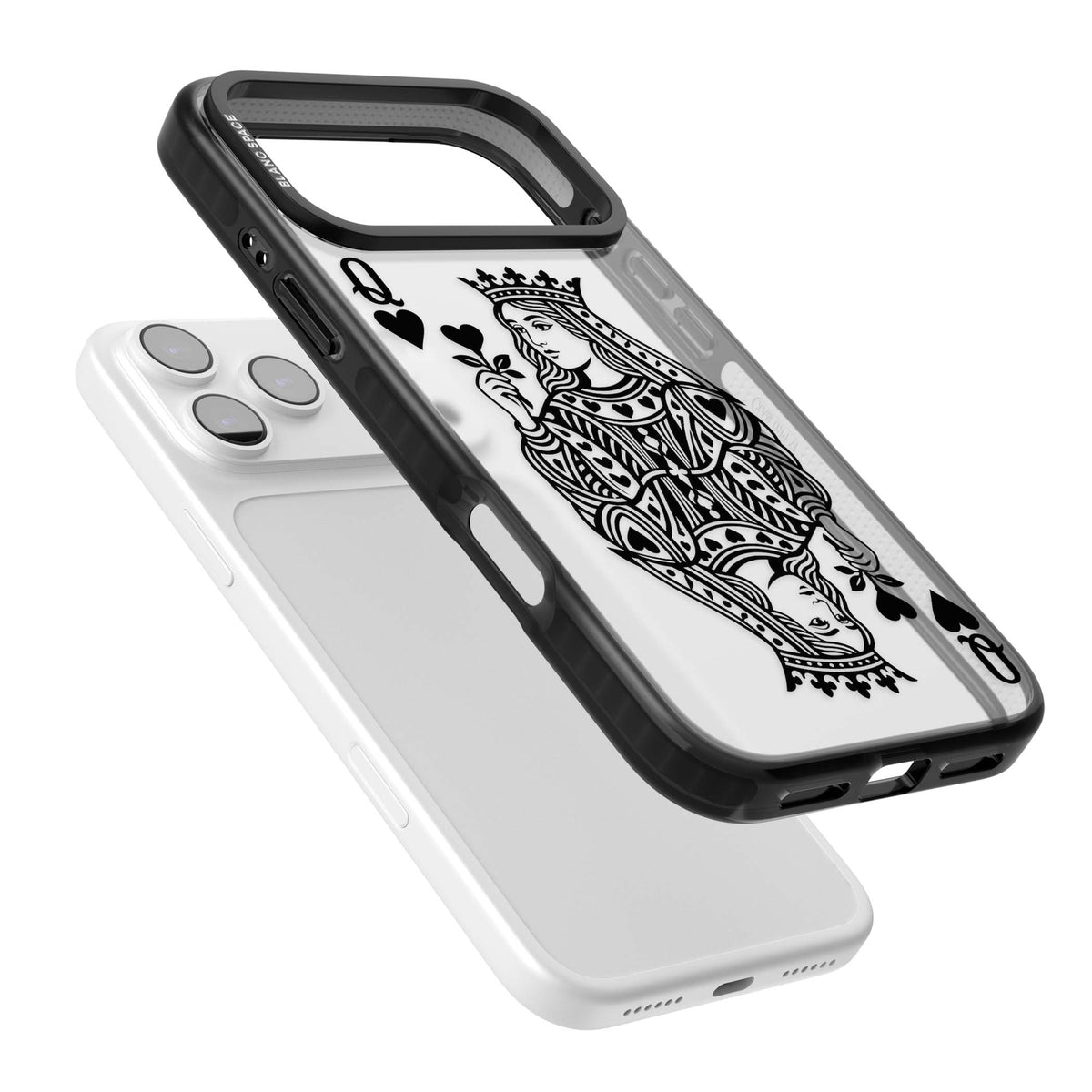 Queen Of Hearts (Black) queen of hearts iPhone case featuring vintage playing card illustration with crown and hearts suit | Clear Impact case for iPhone 17 Pro, iPhone 17 Pro Max