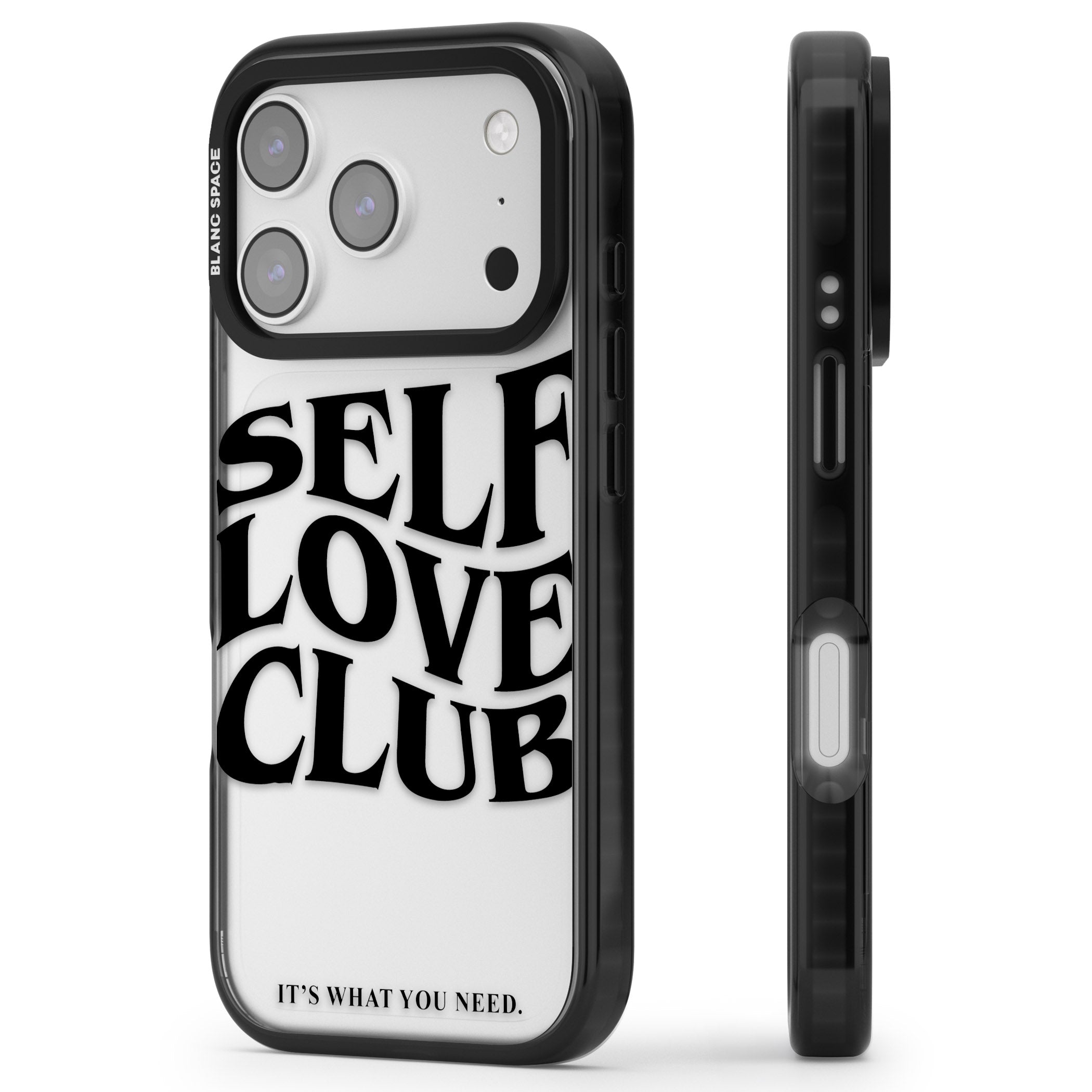Self Love Club Black iPhone 17 Pro Impact Black Phone Case Side Profile