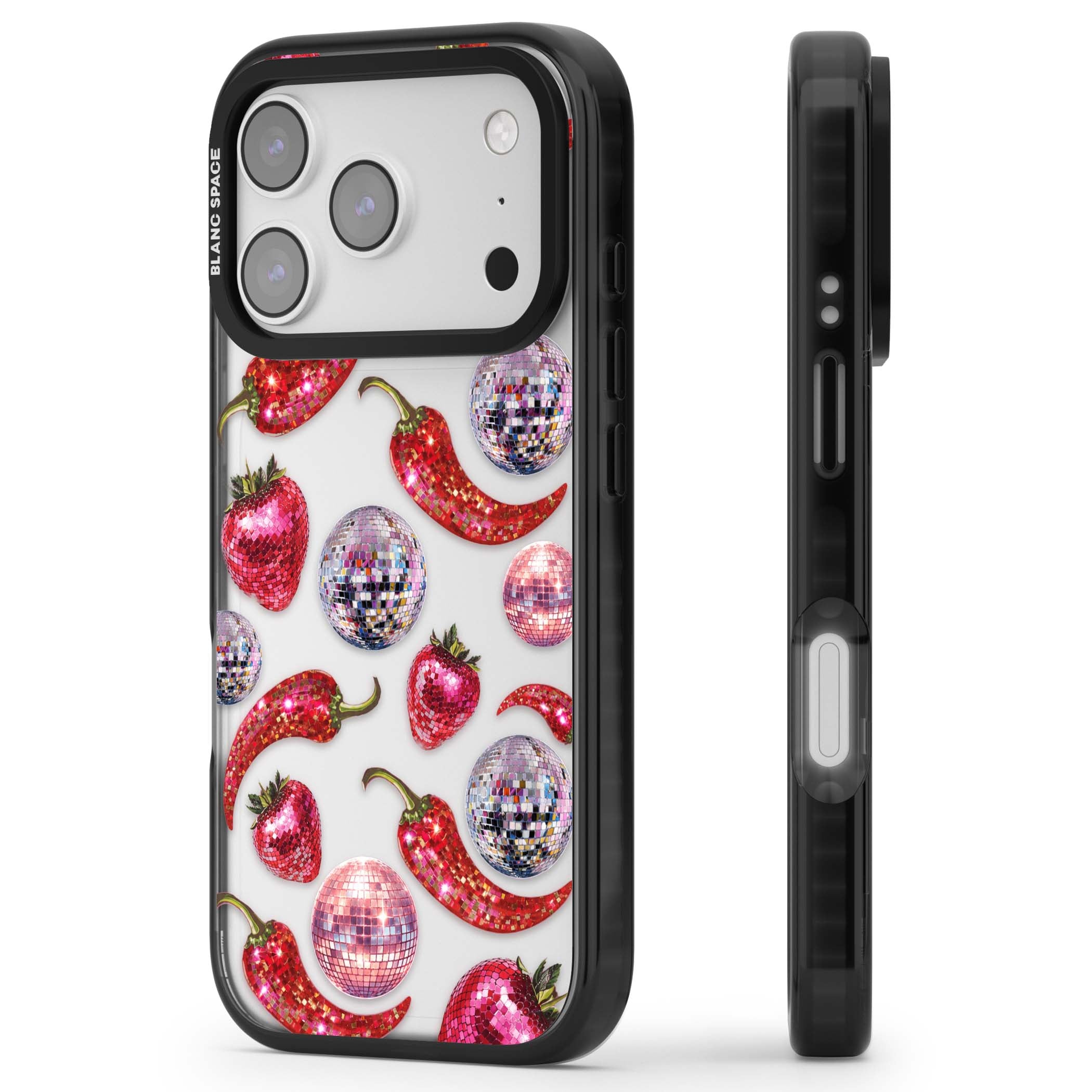 Spicy Disco Y2K iPhone case featuring glitter disco balls, sparkly strawberries and red chilli peppers | Clear Impact case for iPhone 17 Pro, iPhone 17 Pro Max
