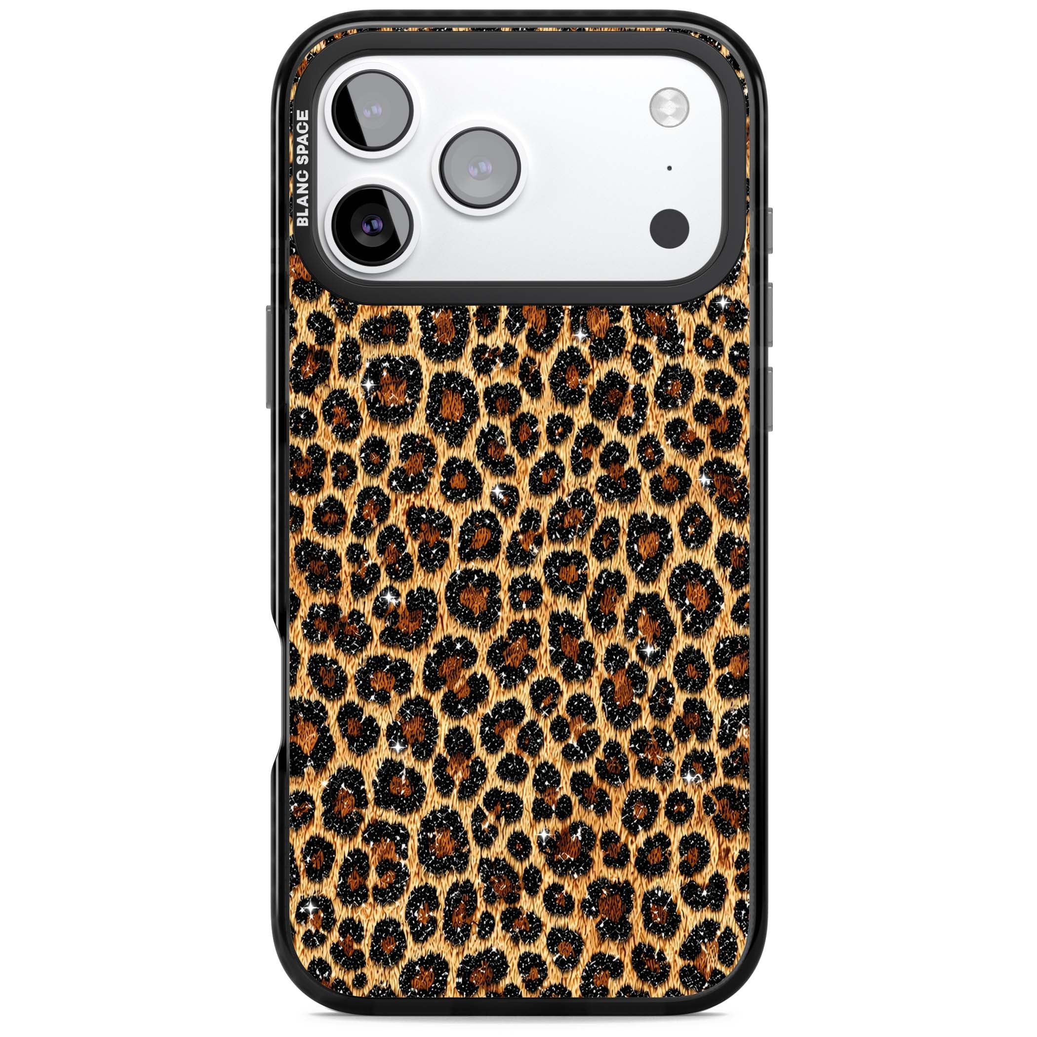 Diamond Leopard leopard print iPhone case featuring golden tan fur, black rosette spots and subtle glitter sparkle | Clear Impact case for iPhone 17 Pro, iPhone 17 Pro Max