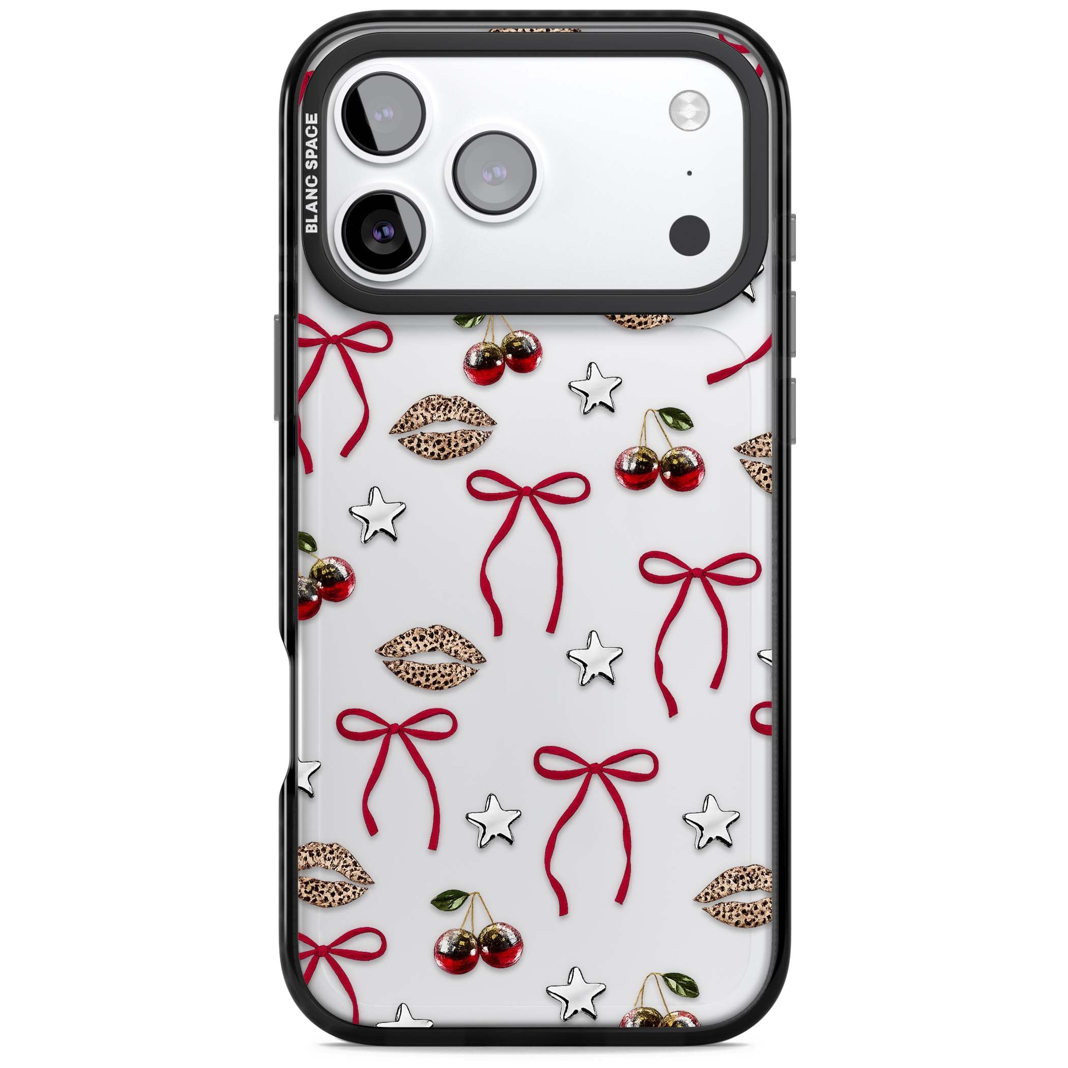 Starlet coquette iPhone case featuring red ribbon bows, disco cherries and leopard-print lips | Clear Impact case for iPhone 17 Pro, iPhone 17 Pro Max