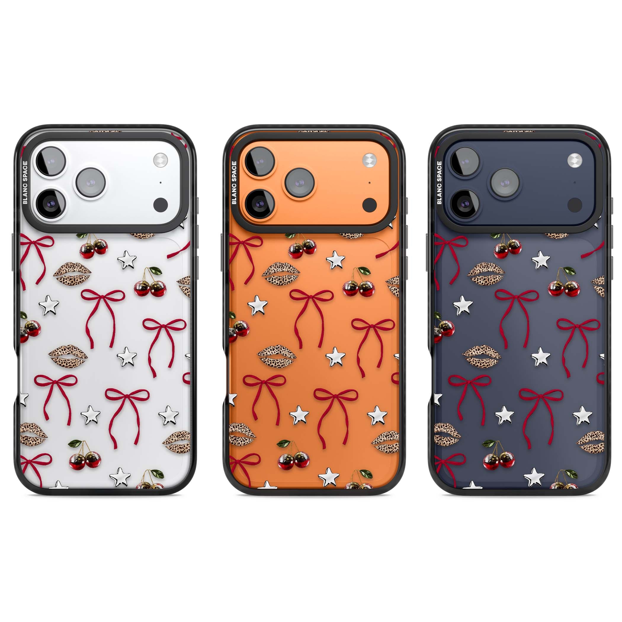 Starlet coquette iPhone case featuring red ribbon bows, disco cherries and leopard-print lips | Clear Impact case for iPhone 17 Pro, iPhone 17 Pro Max