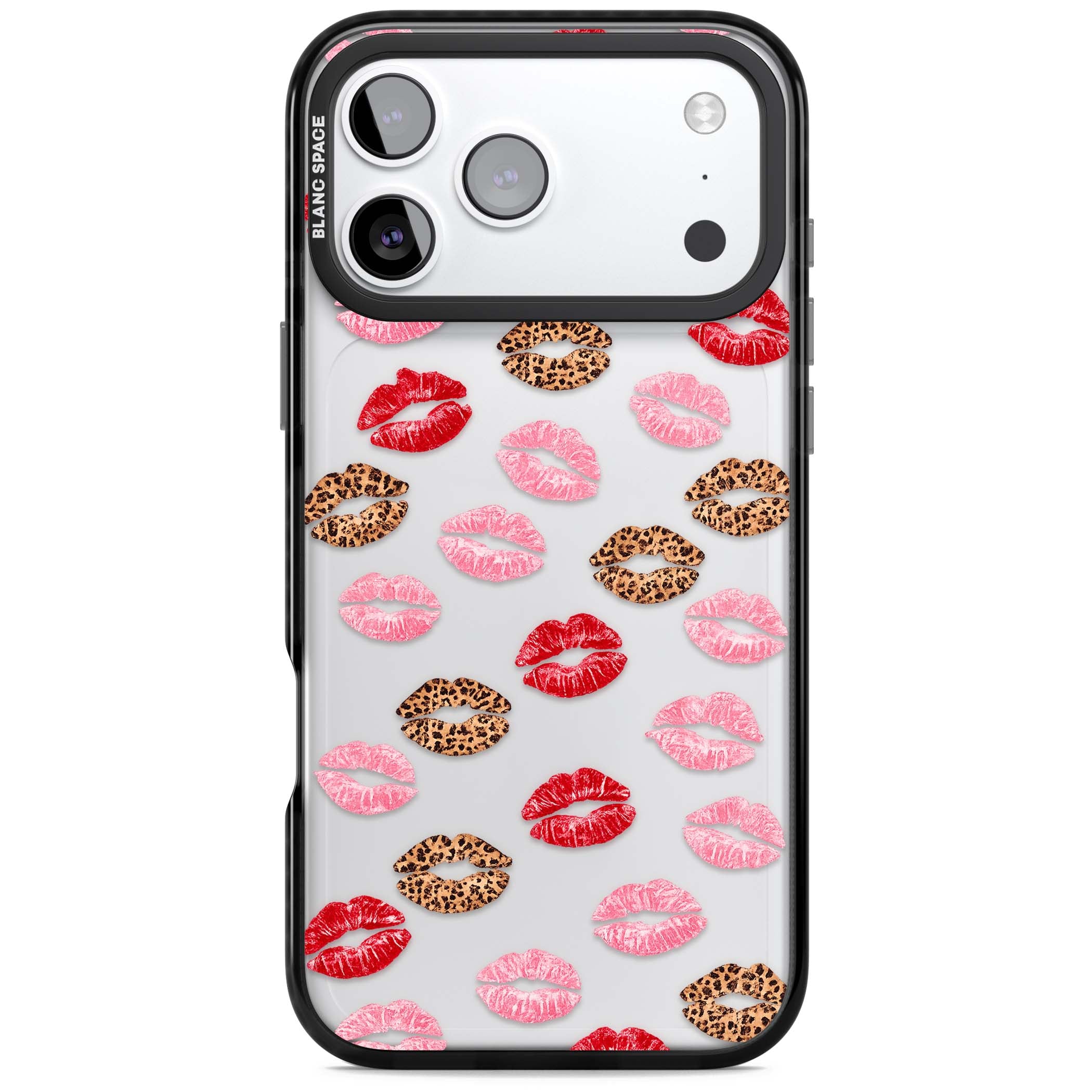 Wild Kisses coquette iPhone case featuring red, pink and leopard print lipstick kiss marks on a clear background | Clear Impact case for iPhone 17 Pro, iPhone 17 Pro Max