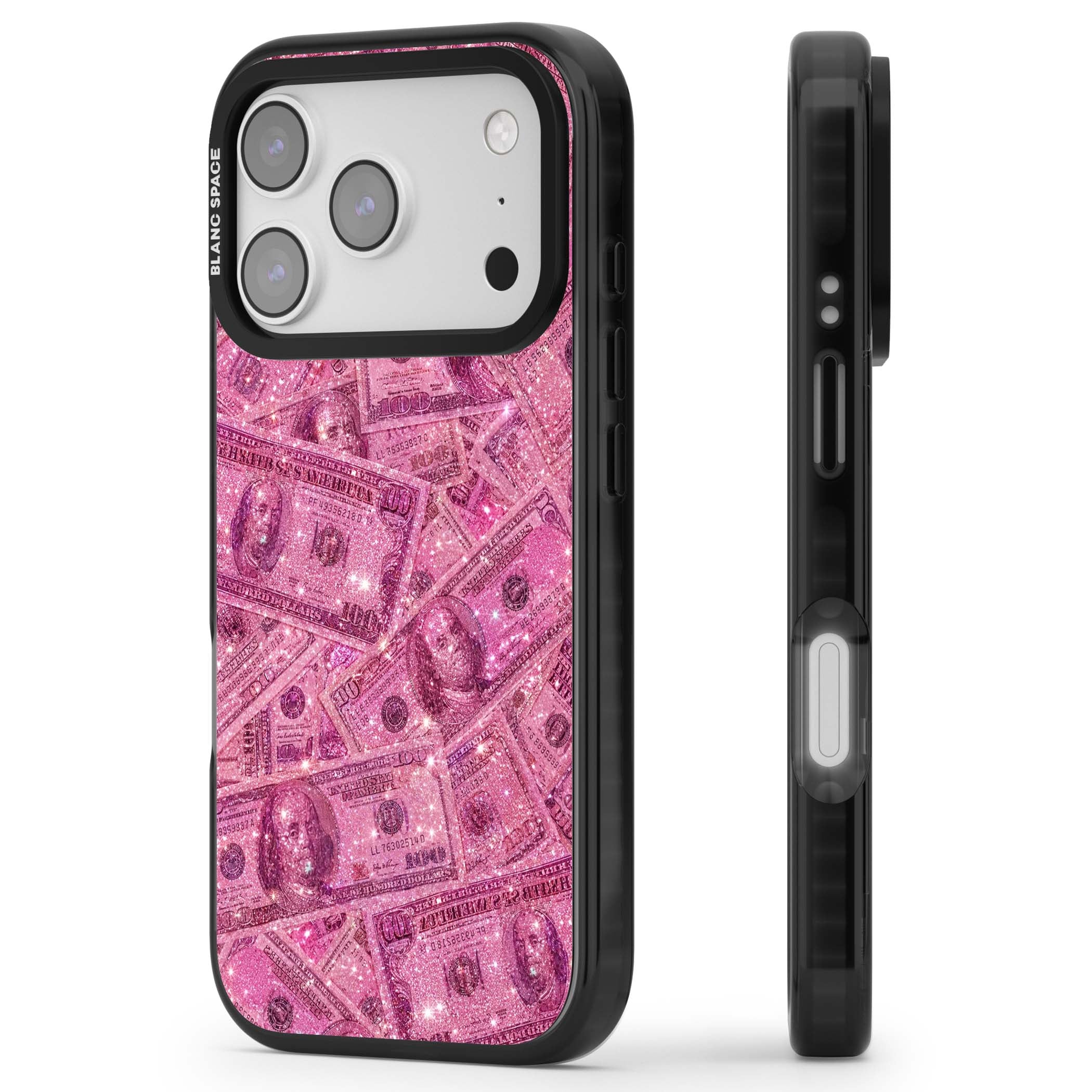 Glamorous baddie iPhone case featuring pink glitter hundred dollar bills and sparkling money wallpaper design | Clear Impact case for iPhone 17 Pro, iPhone 17 Pro Max
