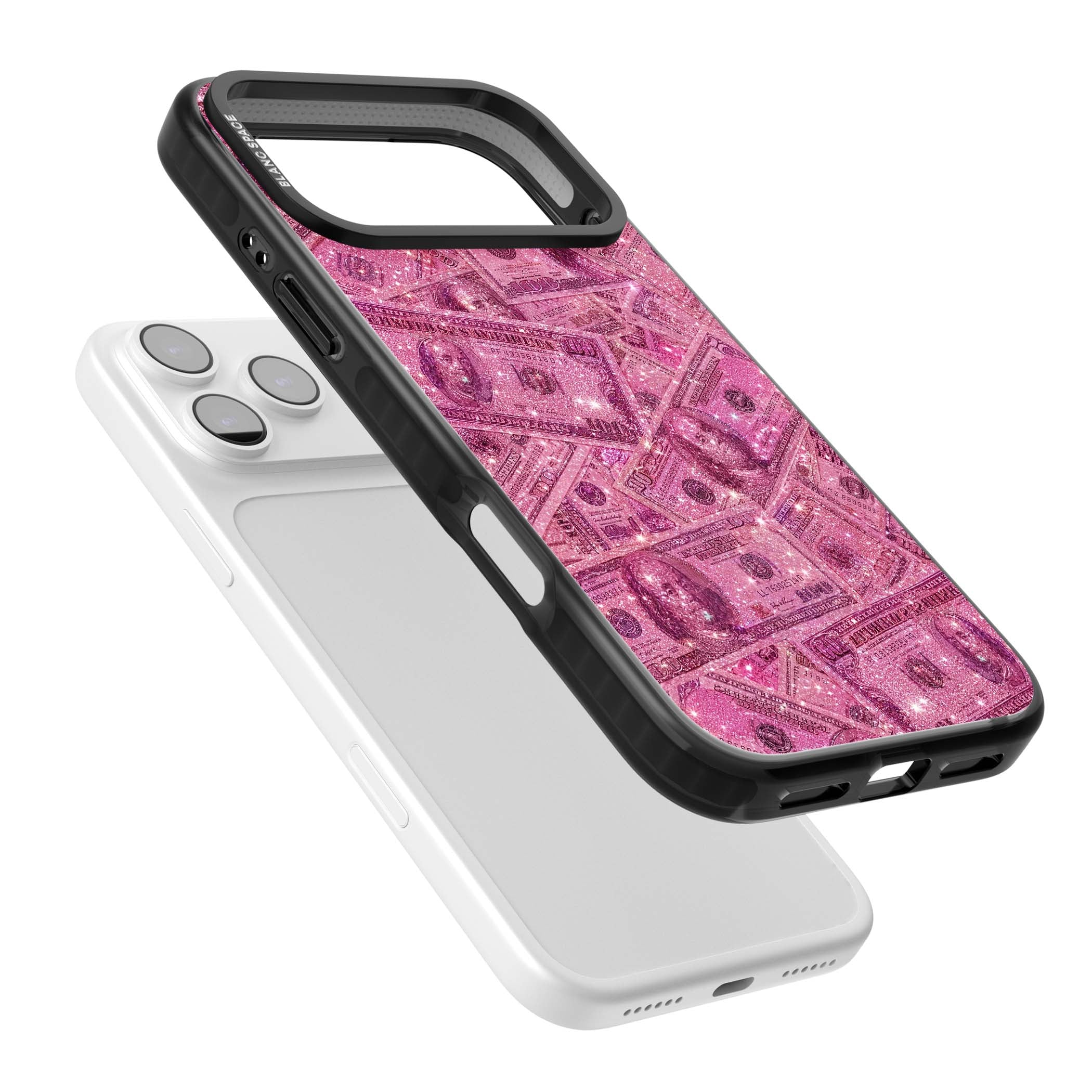 Glamorous baddie iPhone case featuring pink glitter hundred dollar bills and sparkling money wallpaper design | Clear Impact case for iPhone 17 Pro, iPhone 17 Pro Max