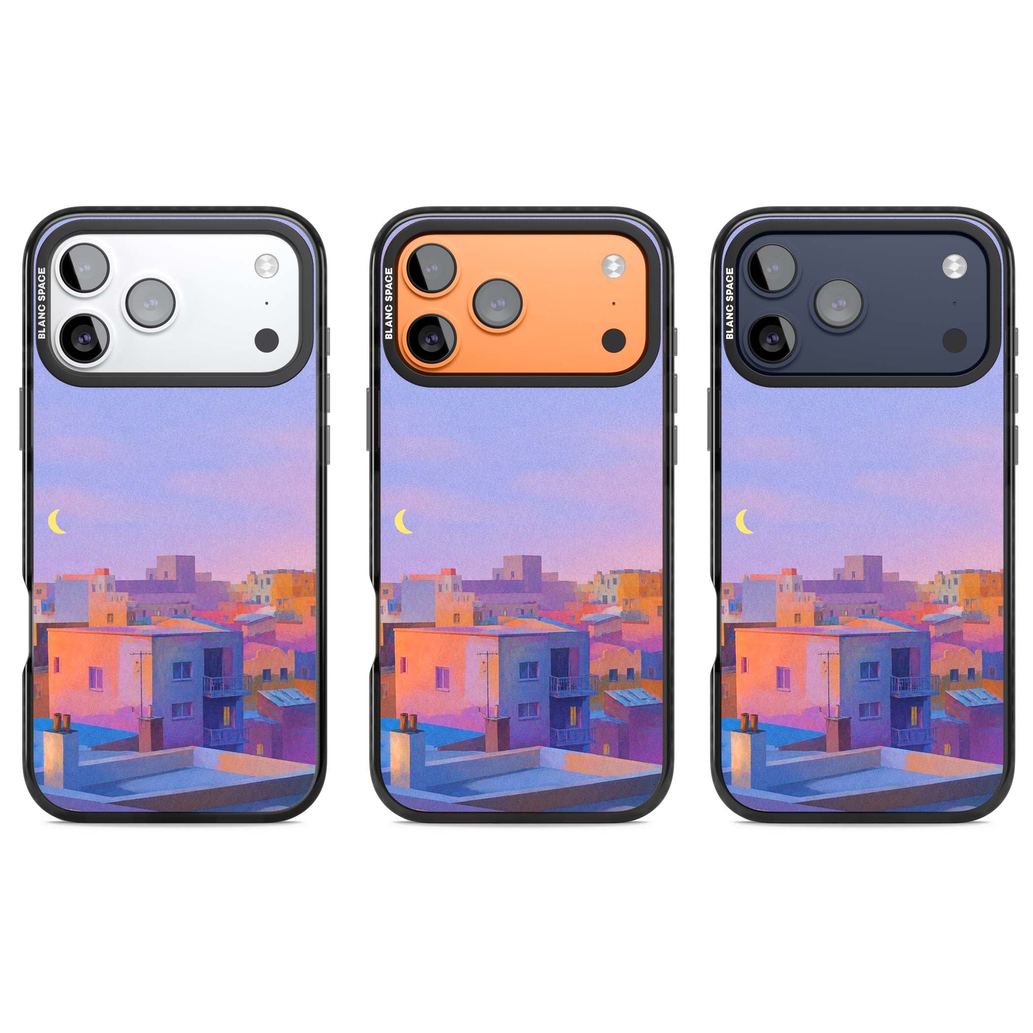 Twilight Rooftops vaporwave iPhone case featuring a pastel sunset cityscape, painted rooftops and a crescent moon. | Clear Impact case for iPhone 17 Pro, iPhone 17 Pro Max