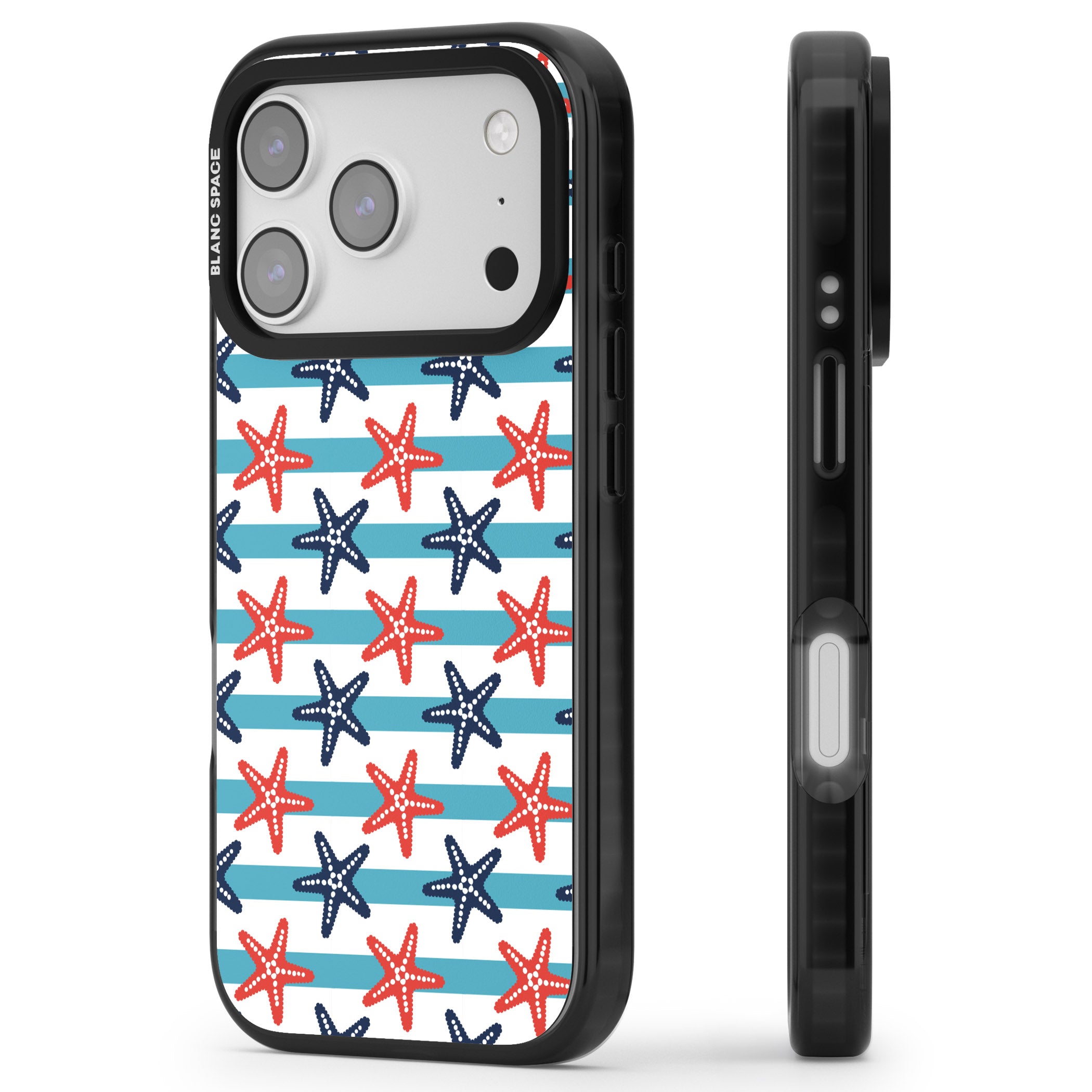 Nautical Starfish Stripe iPhone 17 Pro Impact Black Phone Case Side Profile