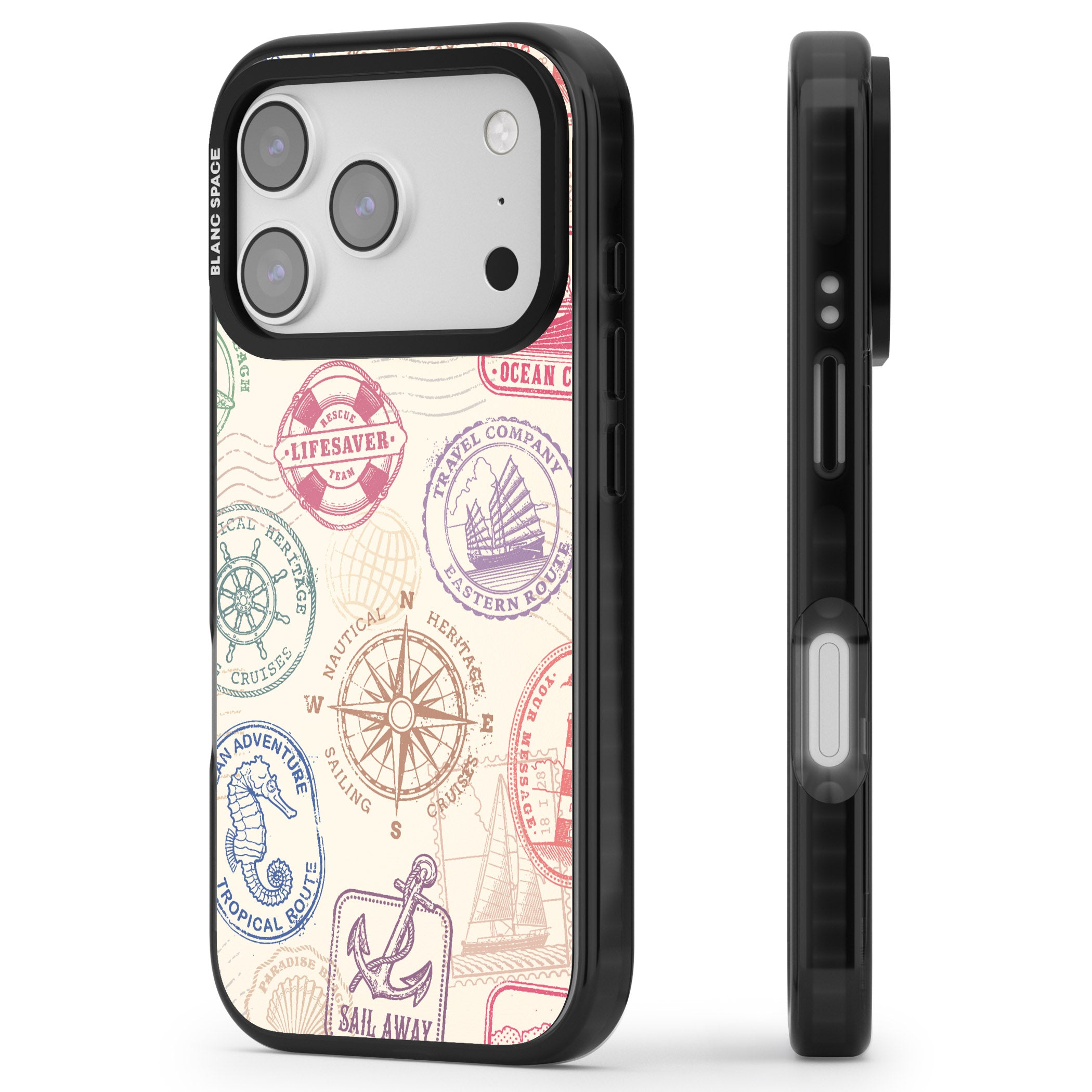 Nautical Stamps iPhone 17 Pro Impact Black Phone Case Side Profile