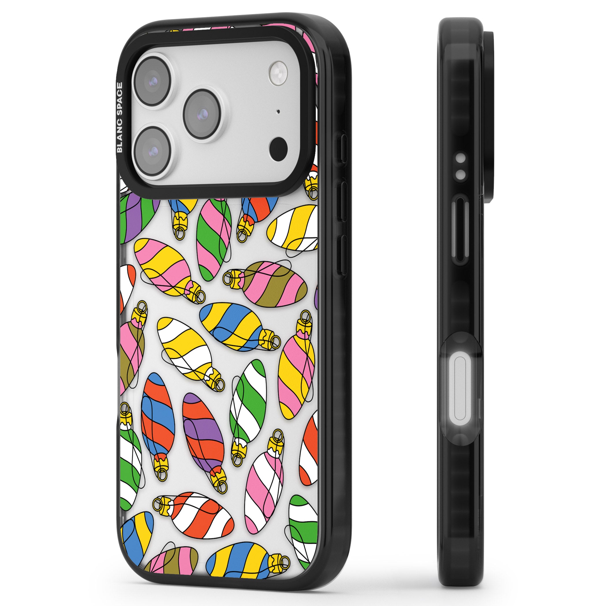 Colourful Holiday Ornaments iPhone 17 Pro Impact Black Phone Case Side Profile