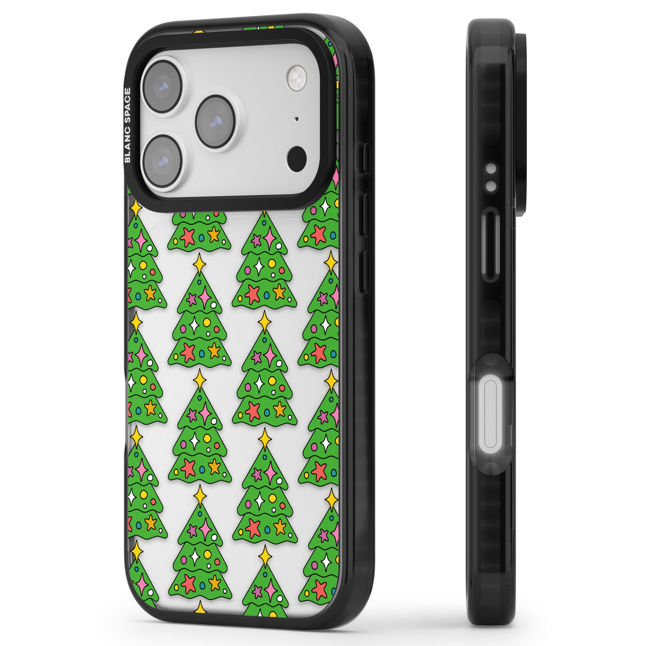 Christmas Tree Pattern (Clear) iPhone 17 Pro Impact Black Phone Case Side Profile