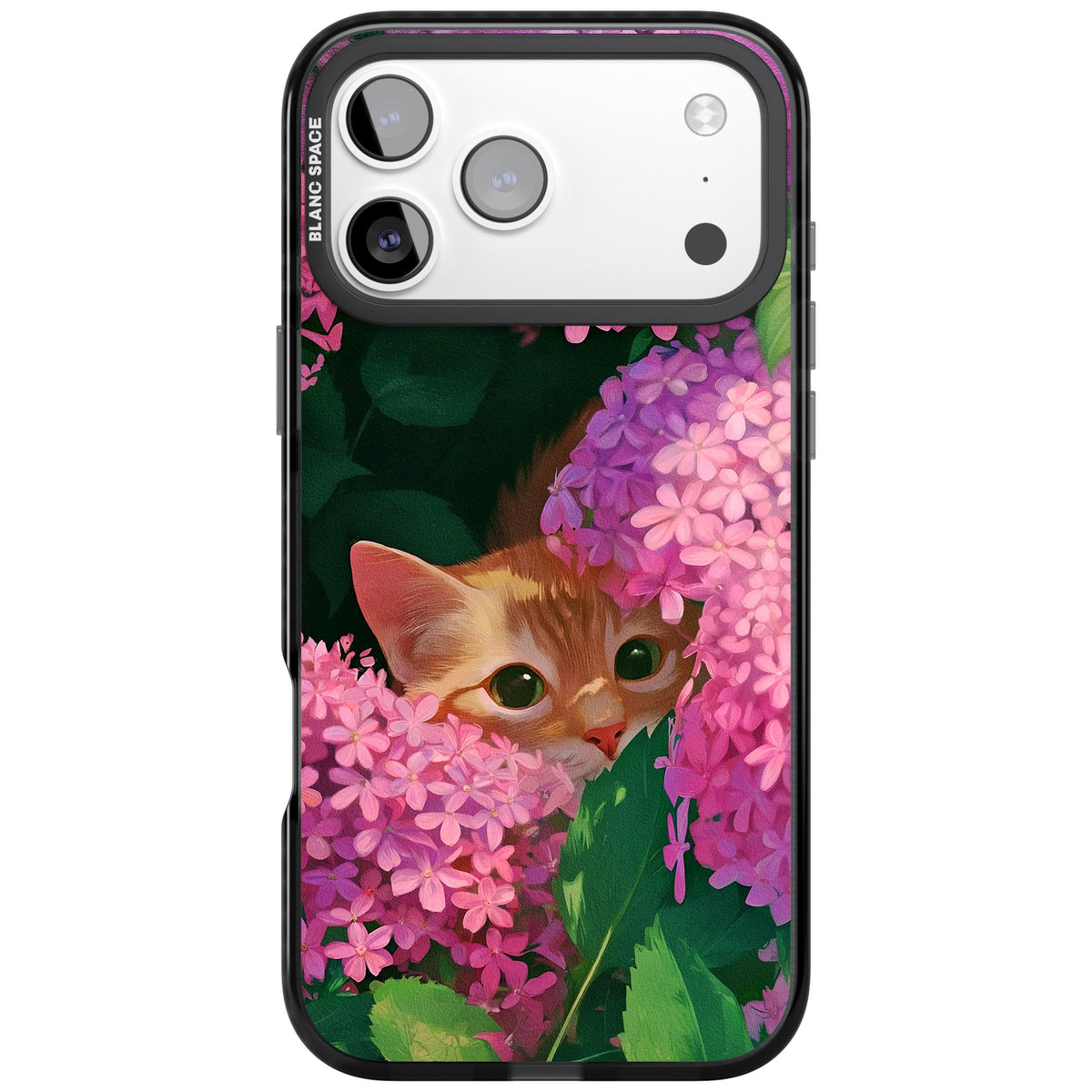 Cat In Pink Flowers iPhone 17 Pro Max Impact Black Phone Case front