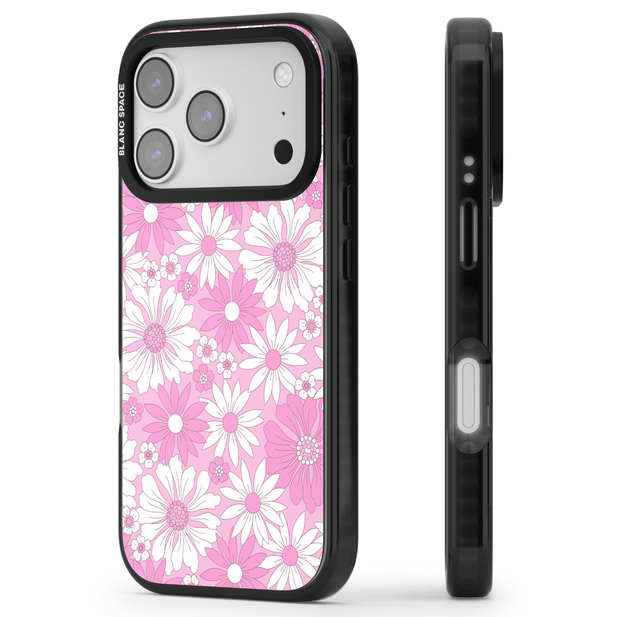 Pink White Flowers iPhone 17 Pro Impact Black Phone Case Side Profile