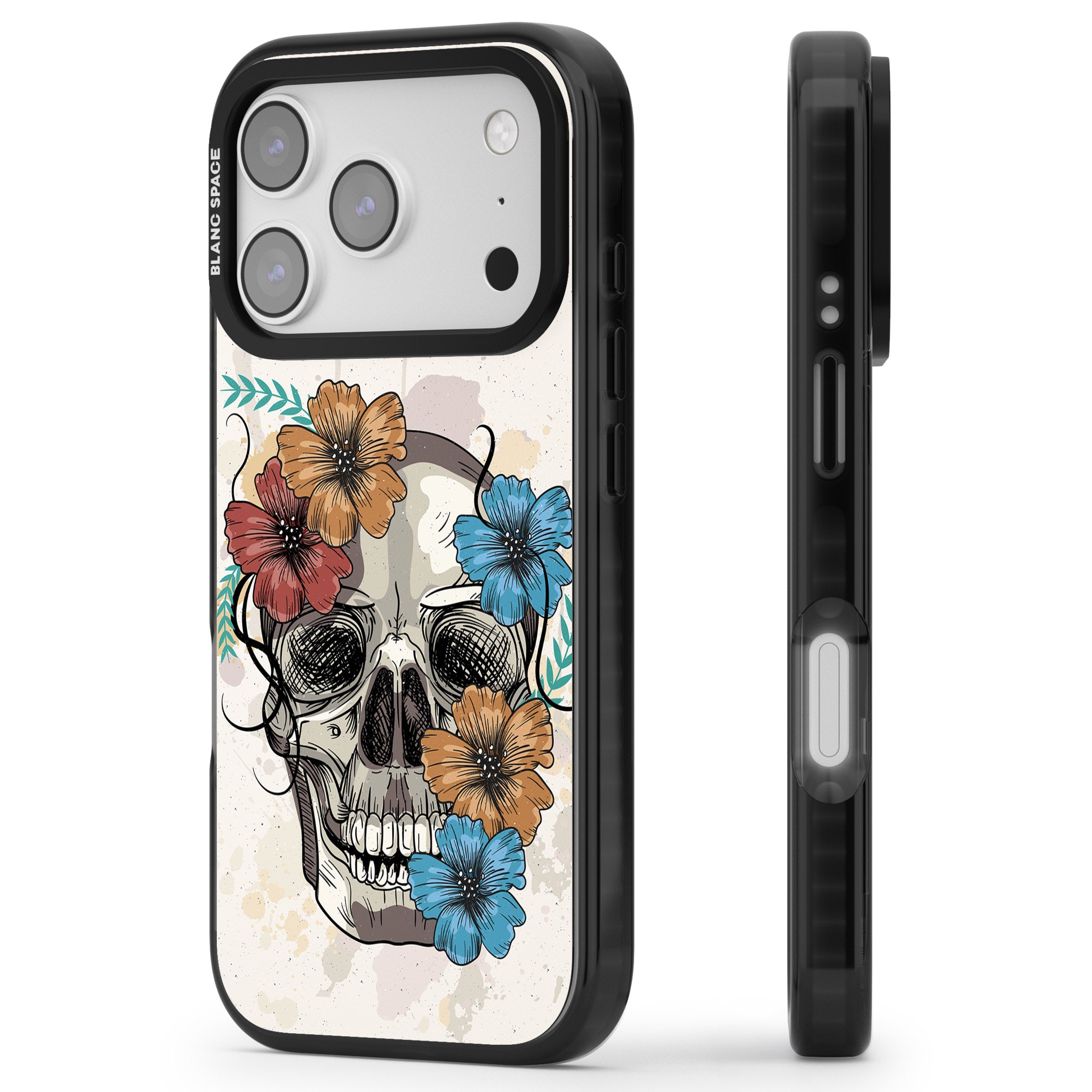 Sugar Skull Floral iPhone 17 Pro Impact Black Phone Case Side Profile