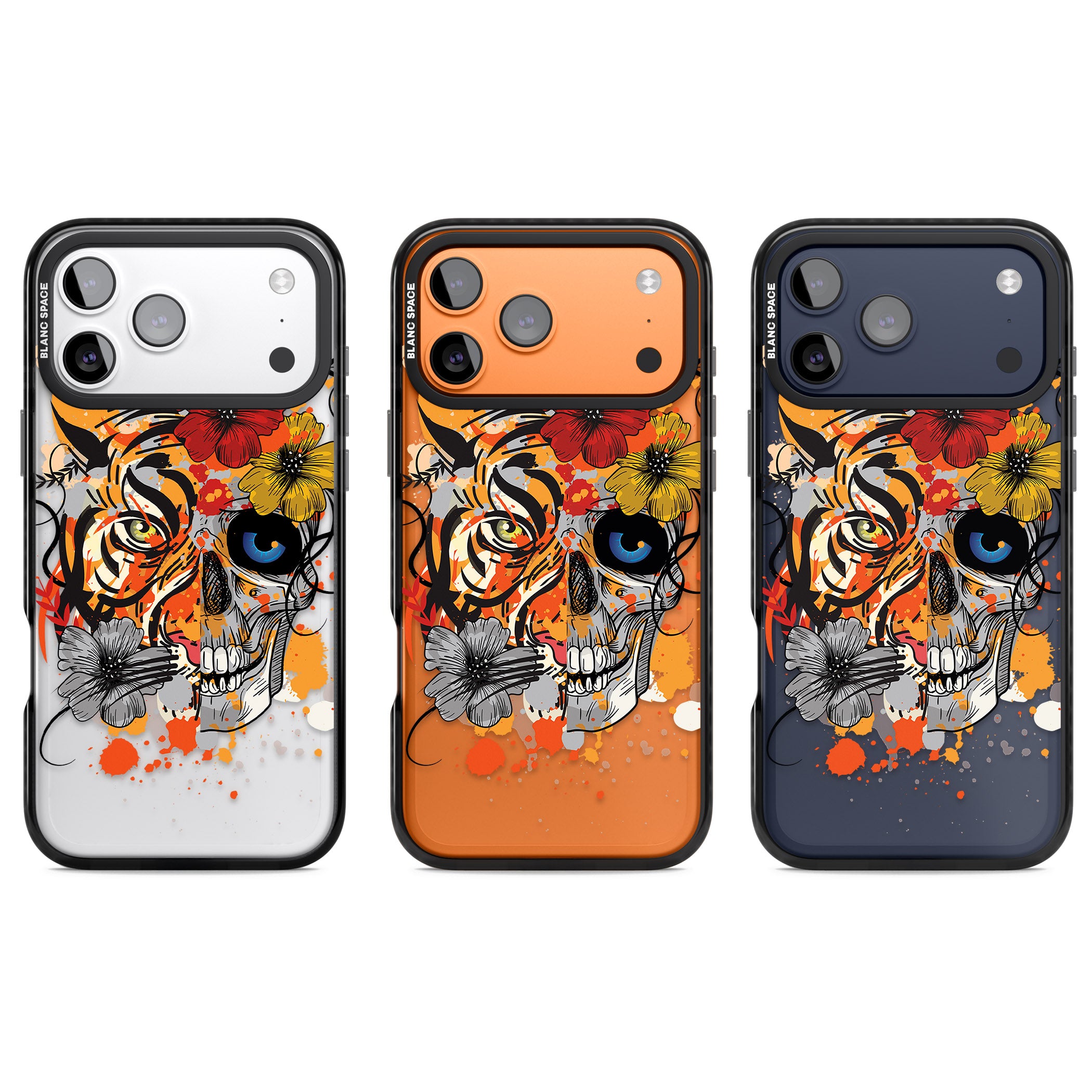 Sugar Skull Tiger Floral iPhone 17 Pro Impact Black Phone Case APT Impact Protection