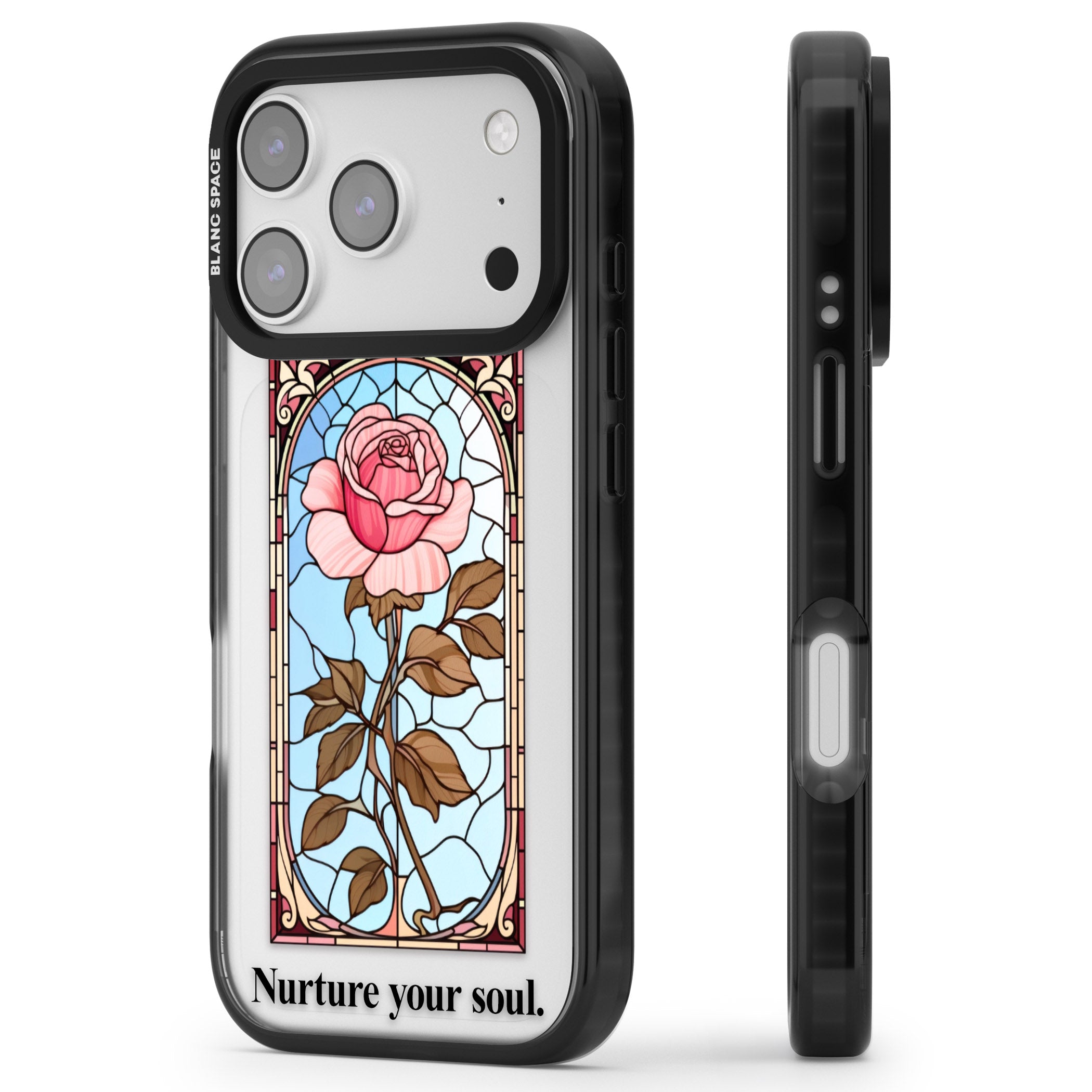 Nurture Your Soul iPhone 17 Pro Impact Black Phone Case Side Profile