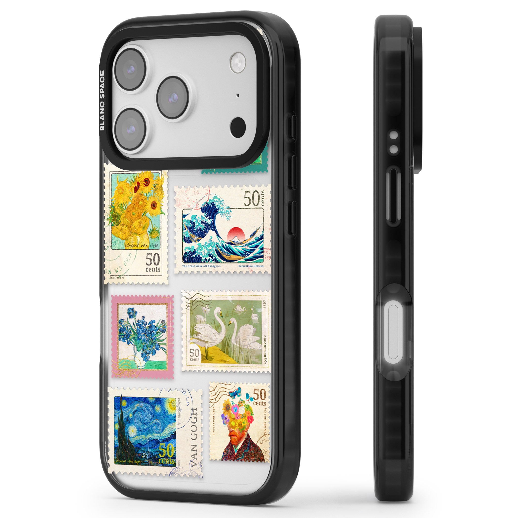 Vintage Art Stamps iPhone 17 Pro Impact Black Phone Case Side Profile