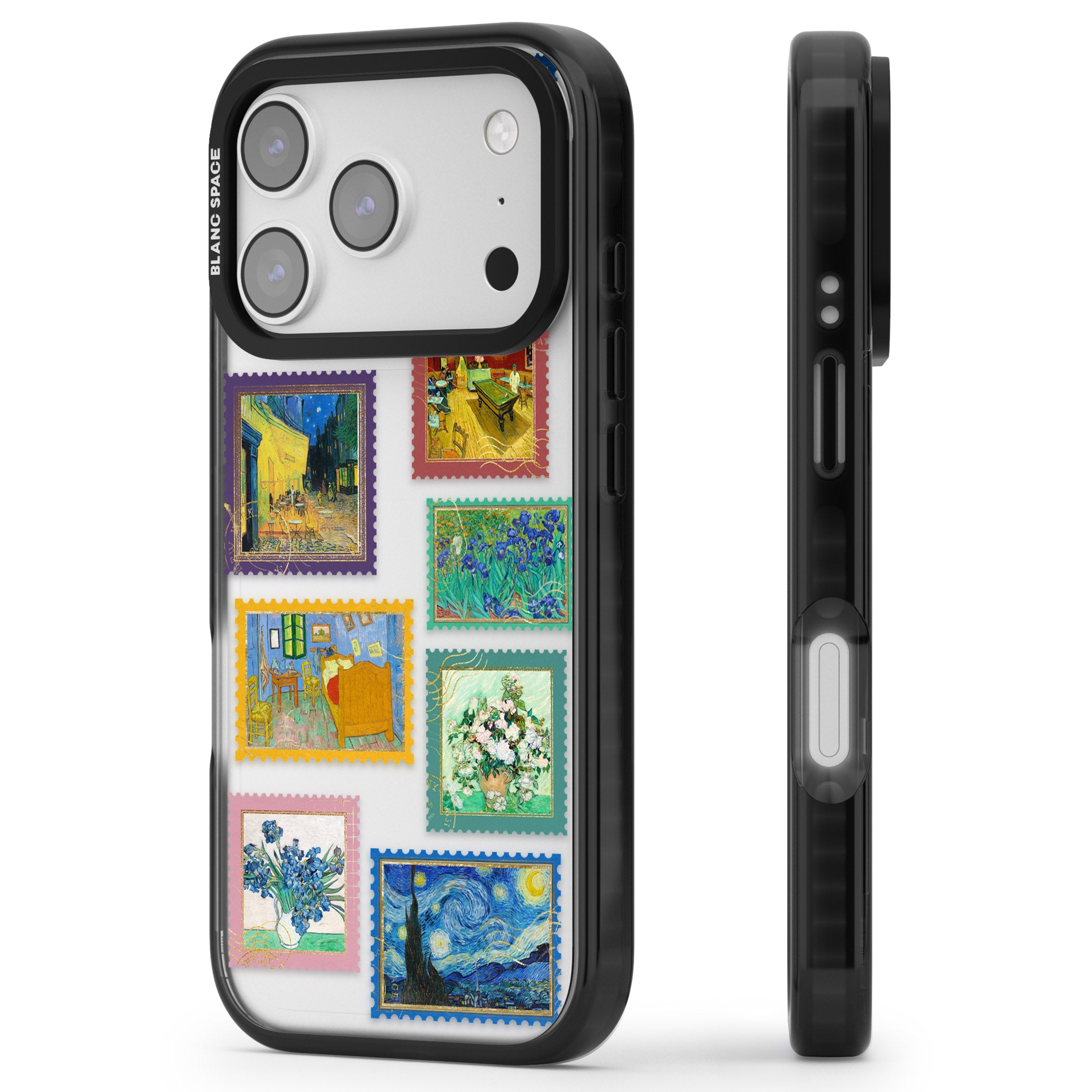 Colourful Vintage Art Stamps iPhone 17 Pro Impact Black Phone Case Side Profile