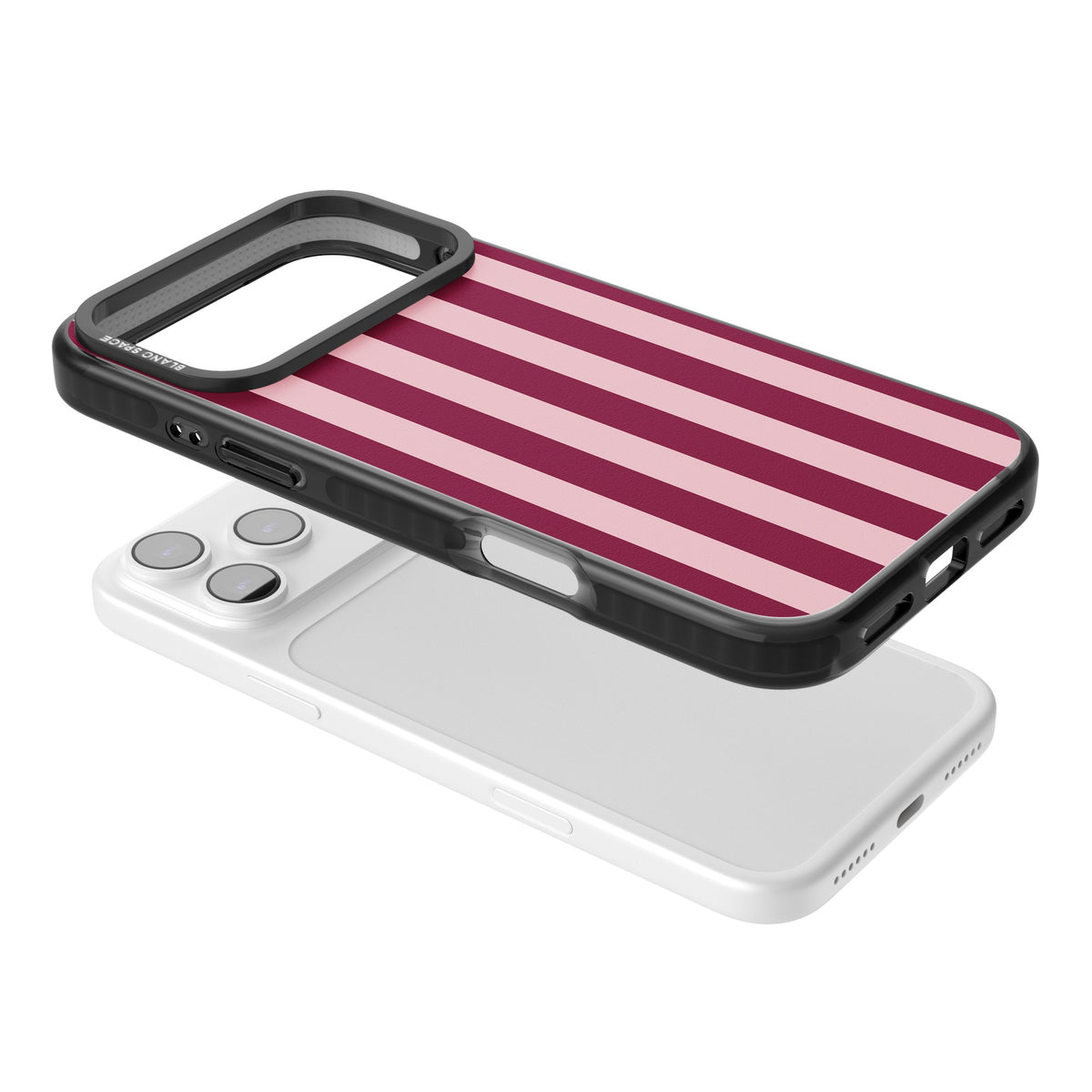Bordeaux Belle preppy iPhone case featuring bold vertical stripes in burgundy and soft blush pink iPhone 17 Pro Max Impact Black Phone Case angled