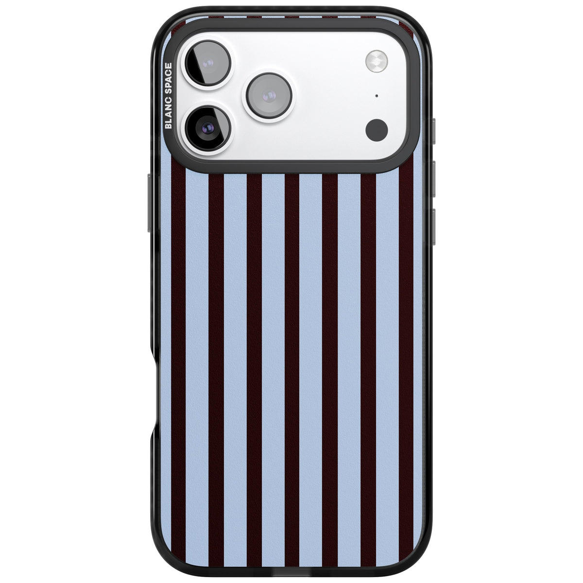 Blackcurrant Stripe preppy iPhone case featuring vertical burgundy and light blue stripes in a classic pinstripe layout iPhone 17 Pro Max Impact Black Phone Case front