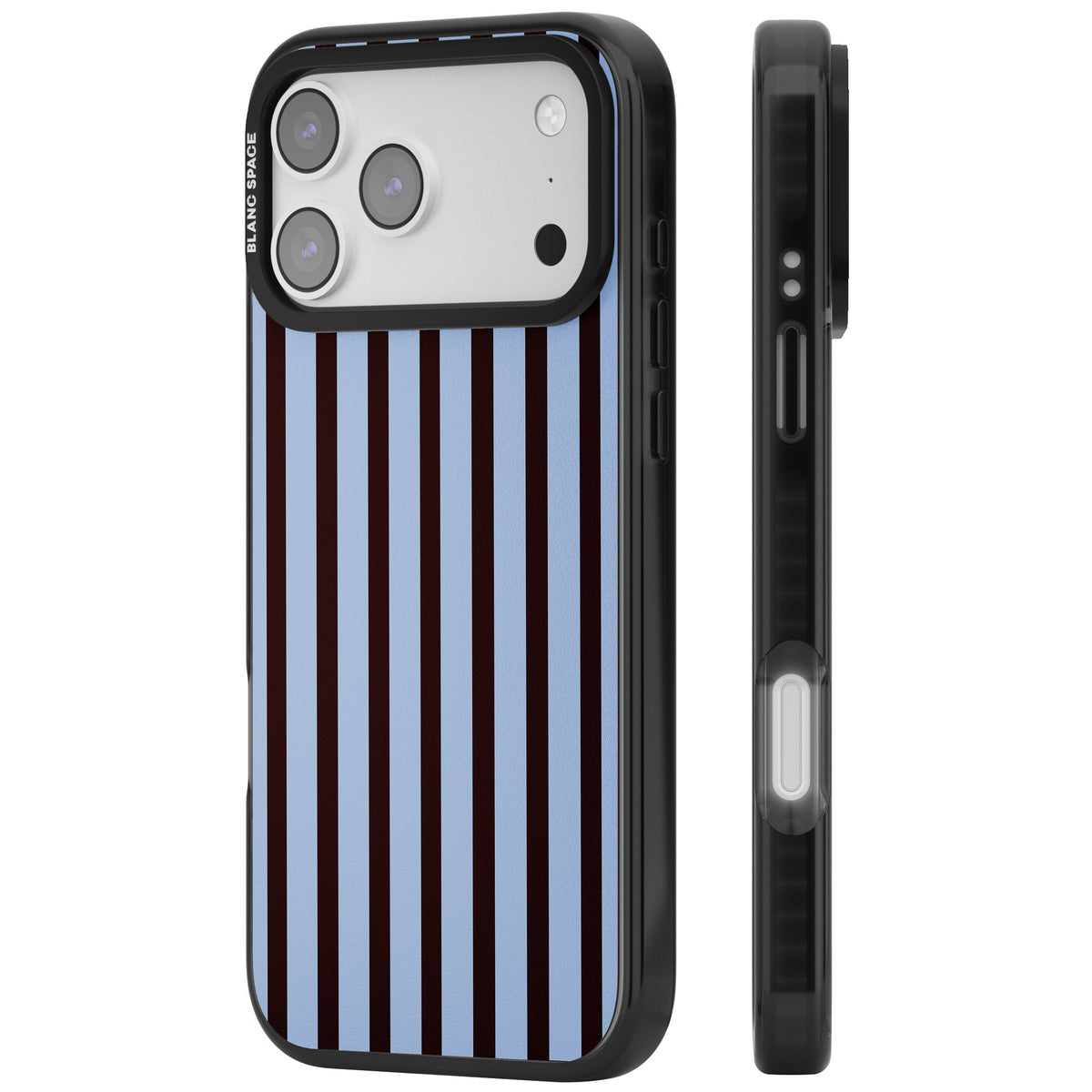Blackcurrant Stripe preppy iPhone case featuring vertical burgundy and light blue stripes in a classic pinstripe layout iPhone 17 Pro Max Impact Black Phone Case side