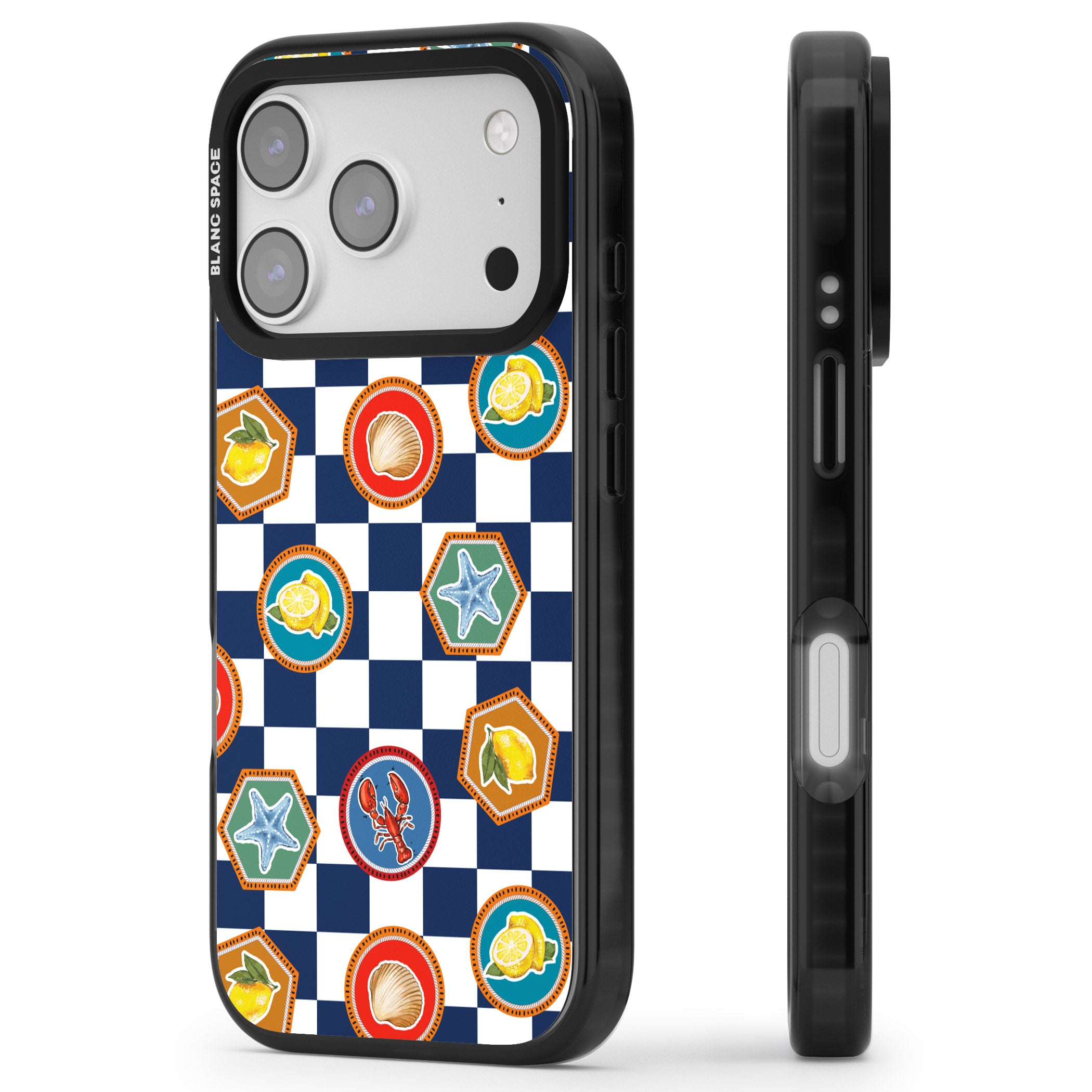 Coastal Check Pattern iPhone 17 Pro Impact Black Phone Case Side Profile