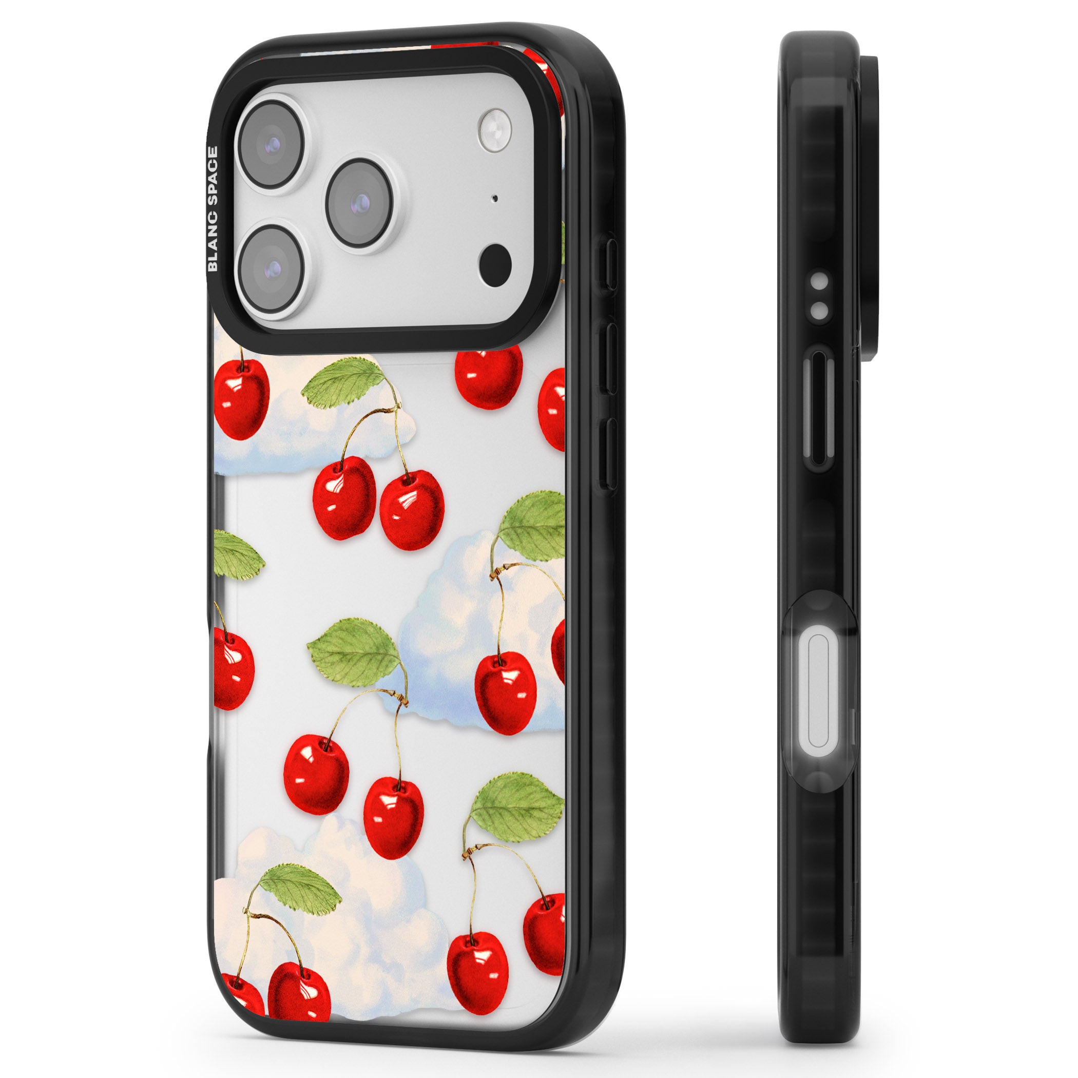 Vintage Cherries & Clouds iPhone 17 Pro Impact Black Phone Case Side Profile
