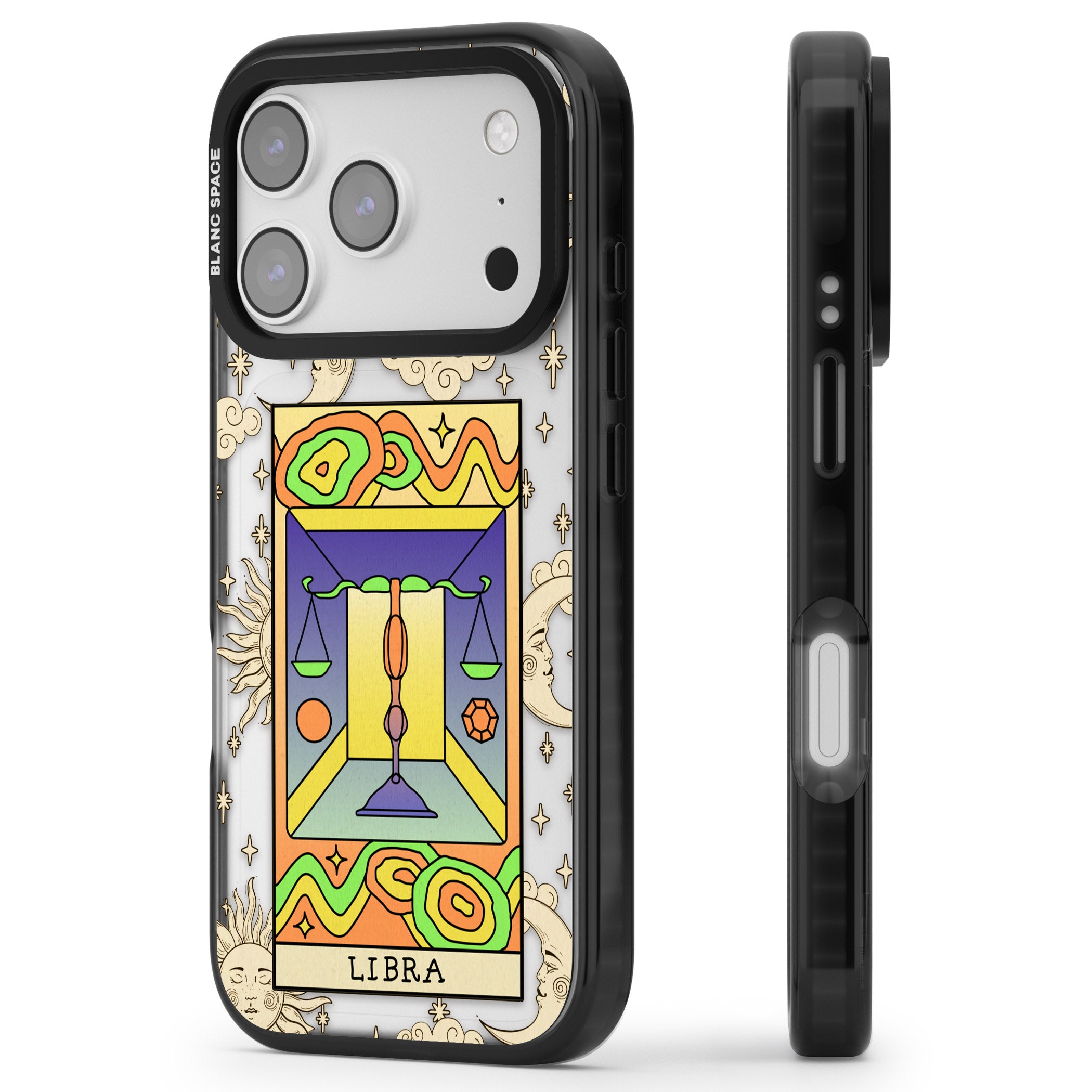 Celestial Zodiac Libra iPhone 17 Pro Impact Black Phone Case Side Profile