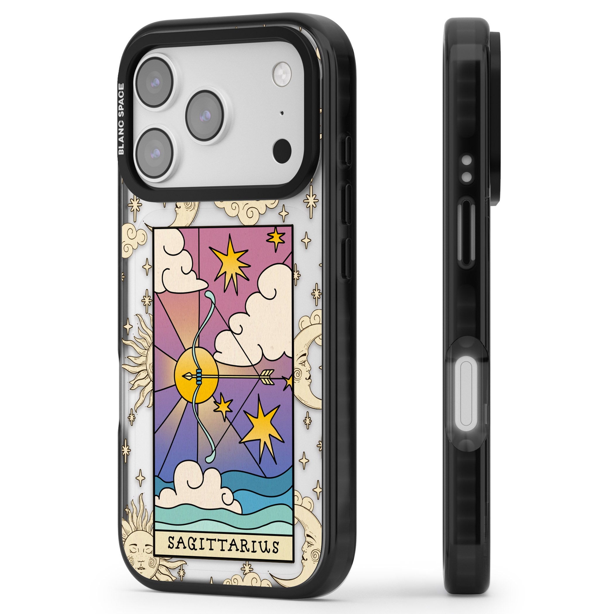 Celestial Zodiac Sagittarius iPhone 17 Pro Impact Black Phone Case Side Profile