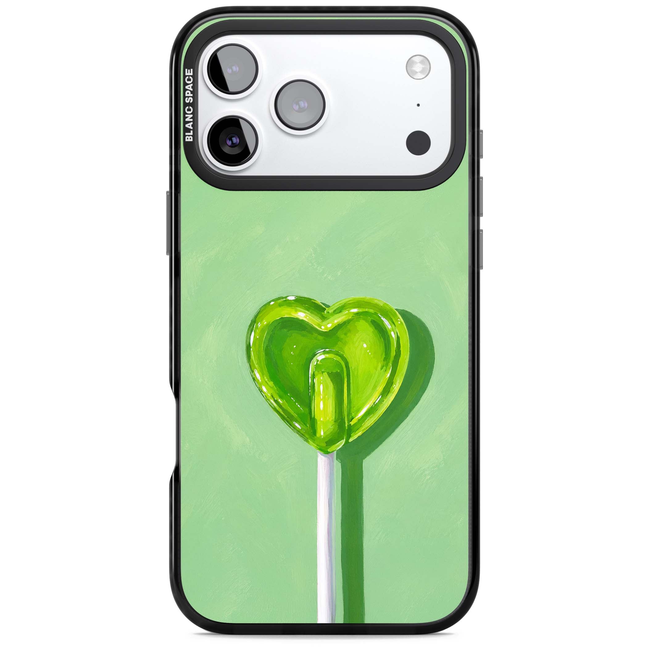 Green Lollipop candy art iPhone case featuring a glossy green heart-shaped lollipop on a painted pastel green background | Clear Impact case for iPhone 17 Pro, iPhone 17 Pro Max