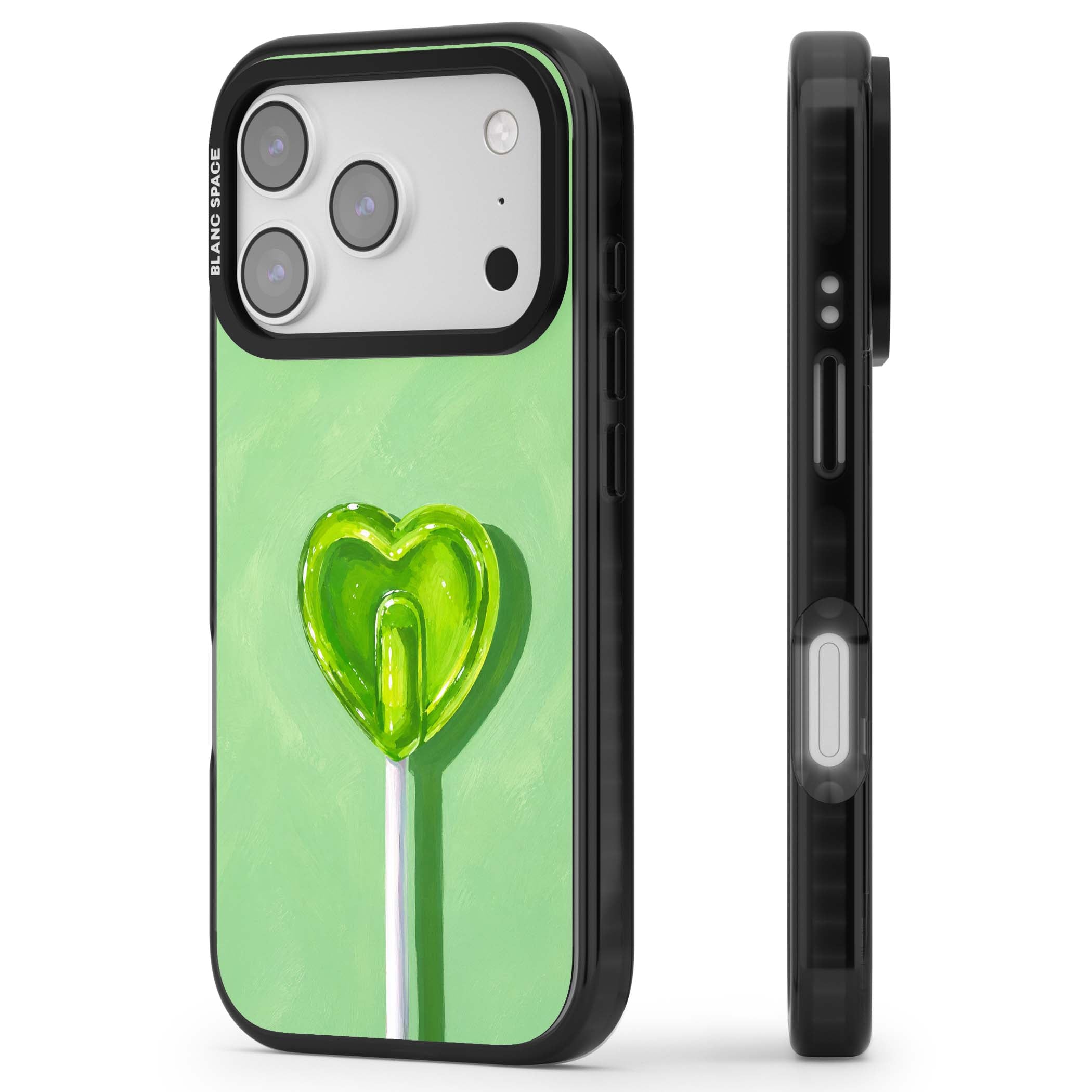 Green Lollipop candy art iPhone case featuring a glossy green heart-shaped lollipop on a painted pastel green background | Clear Impact case for iPhone 17 Pro, iPhone 17 Pro Max