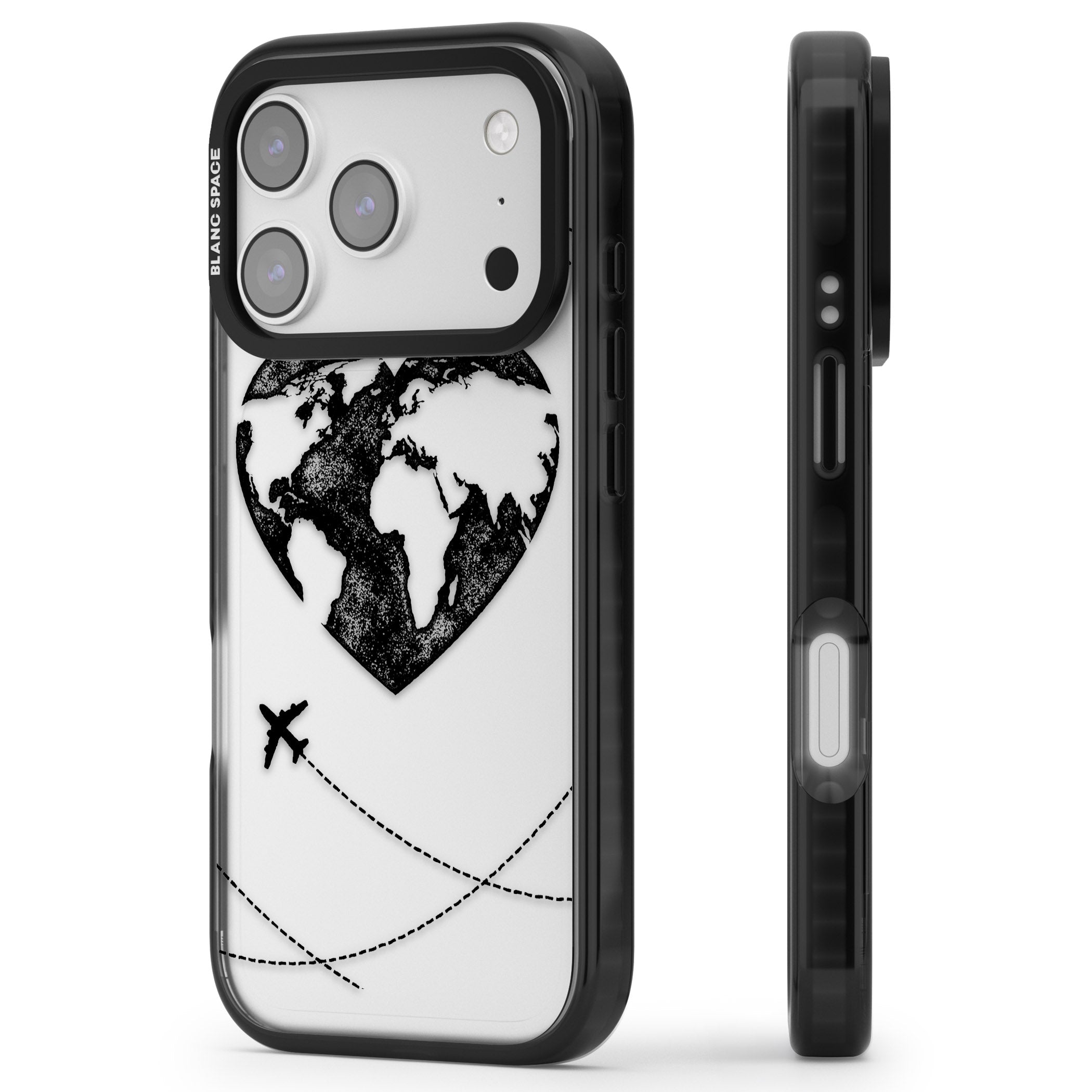 Globe Heart iPhone 17 Pro Impact Black Phone Case Side Profile
