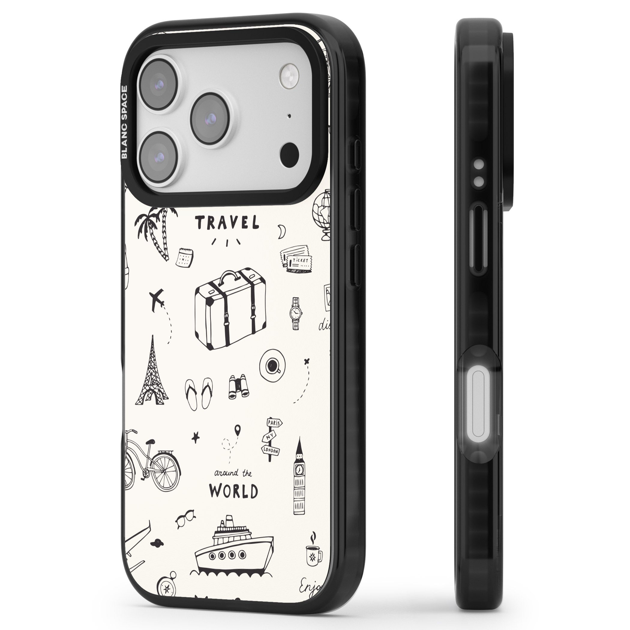 Cute Travel Pattern, White On iPhone 17 Pro Impact Black Phone Case Side Profile