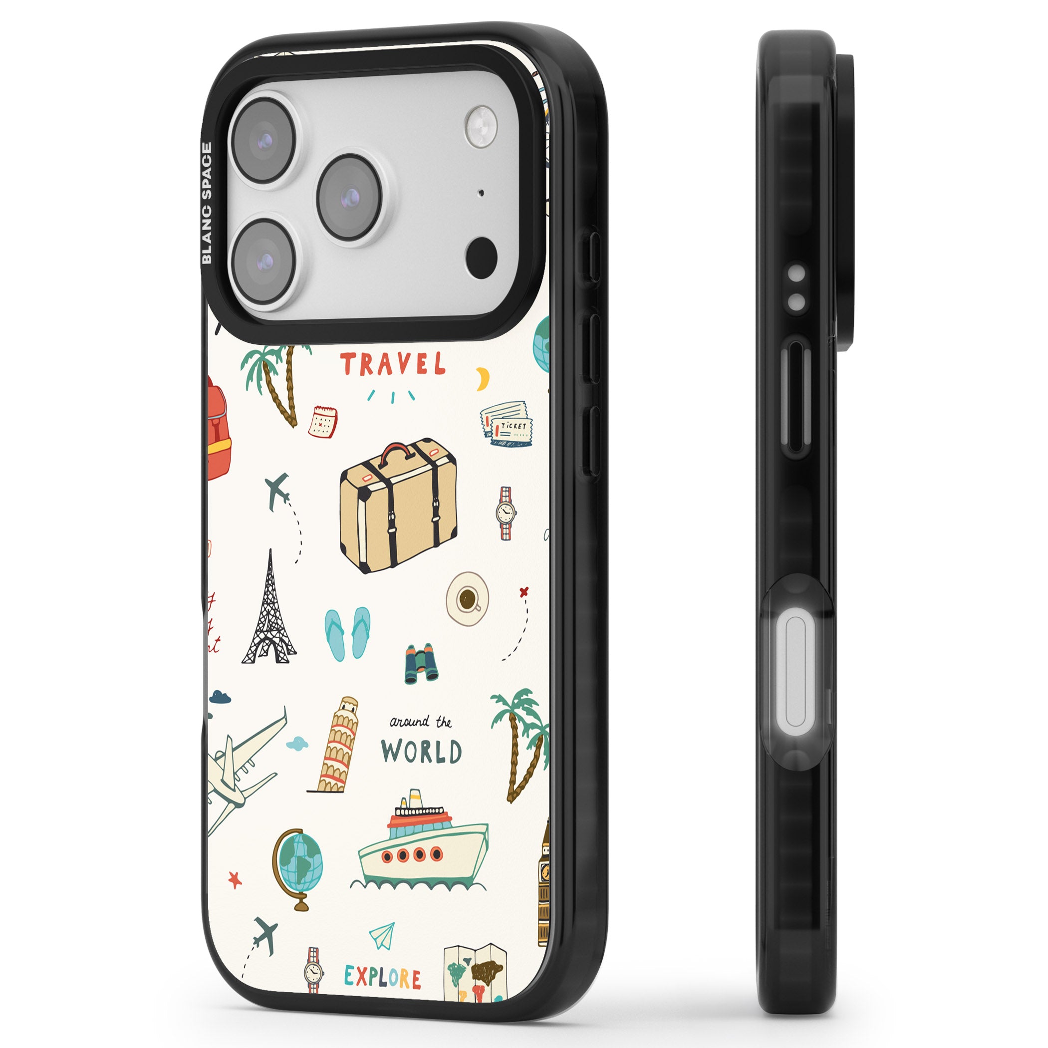 Cute Travel Pattern Cream iPhone 17 Pro Impact Black Phone Case Side Profile