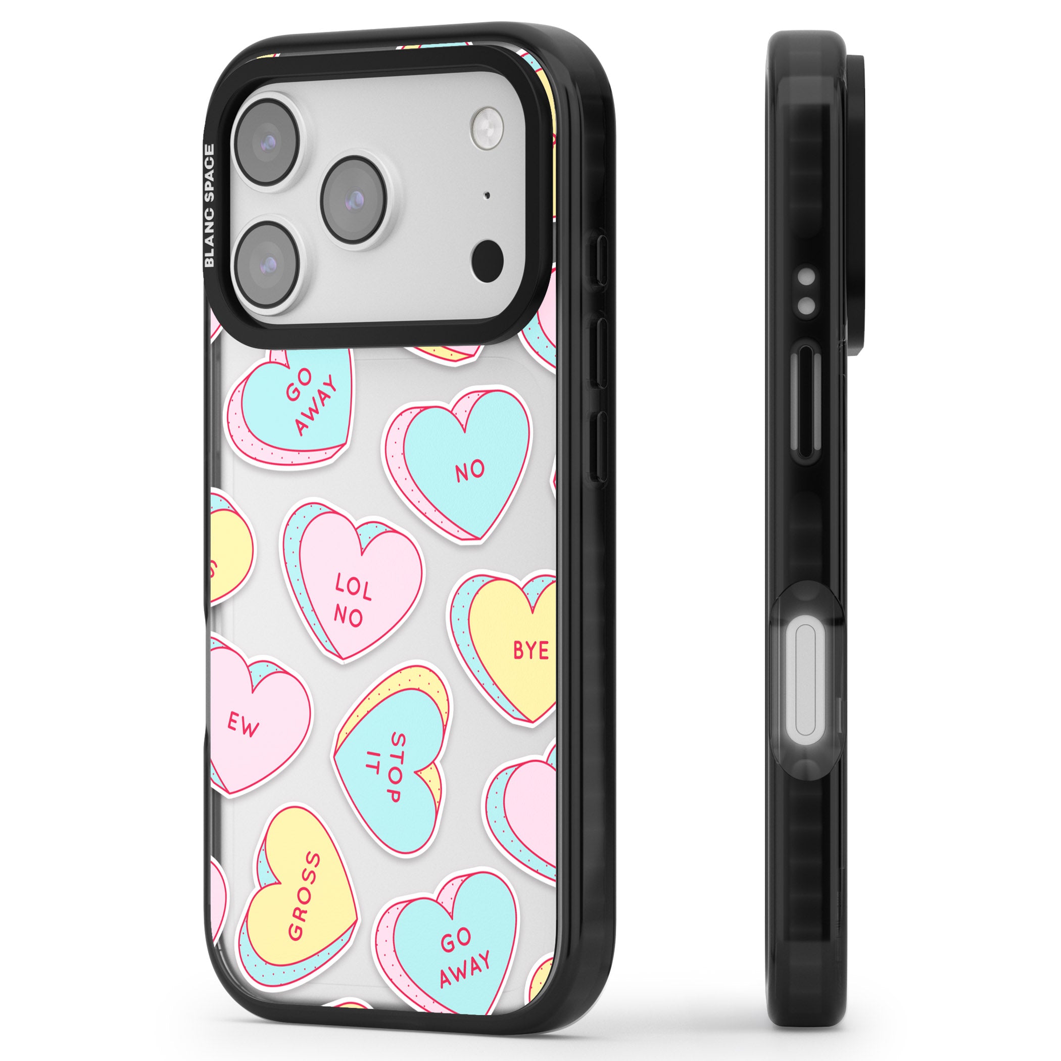 Sarcastic Love Hearts iPhone 17 Pro Impact Black Phone Case Side Profile