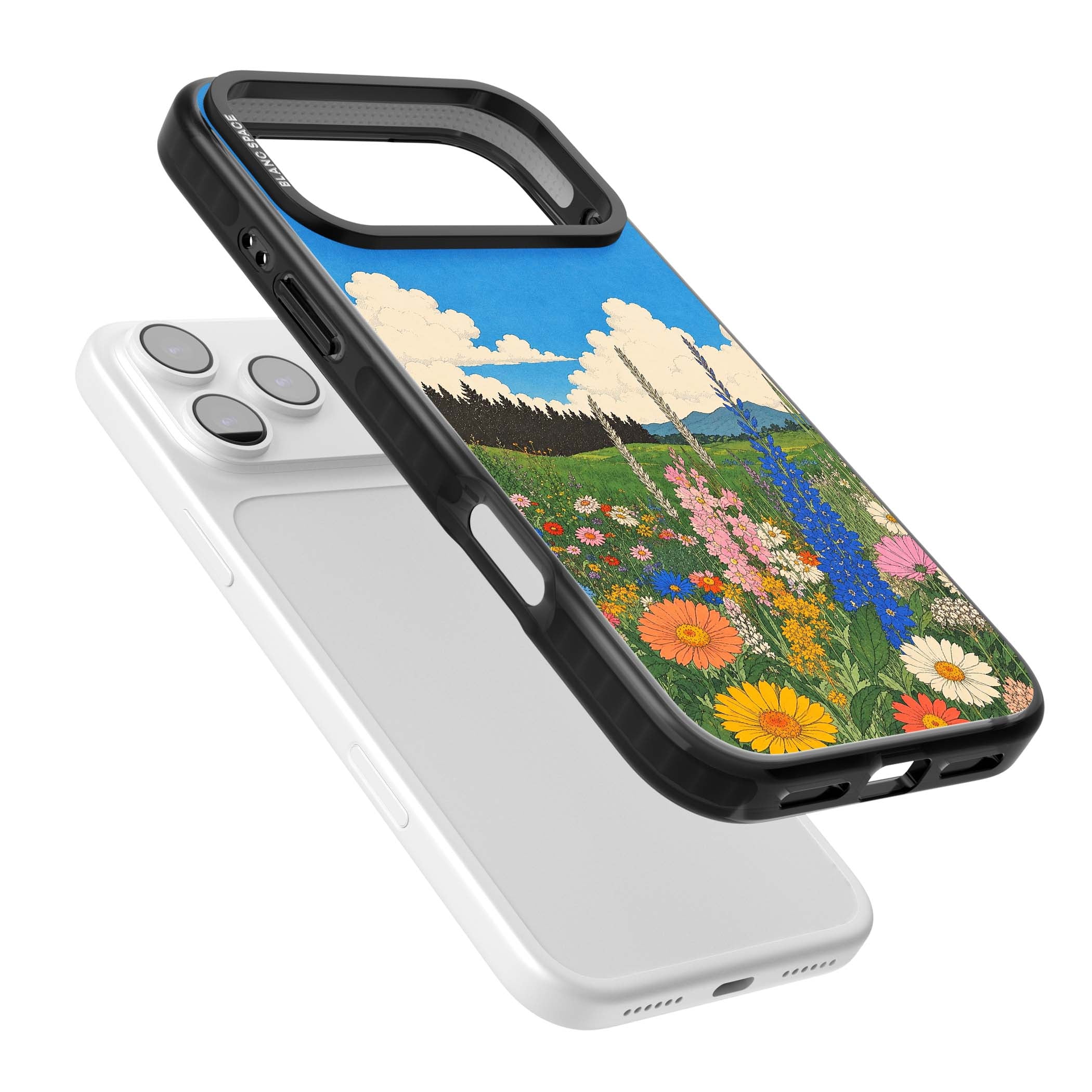Wildbloom wildflower iPhone case featuring a vintage Japanese-style meadow landscape with daisies, delphiniums and moun | Clear Impact case for iPhone 17 Pro, iPhone 17 Pro Max