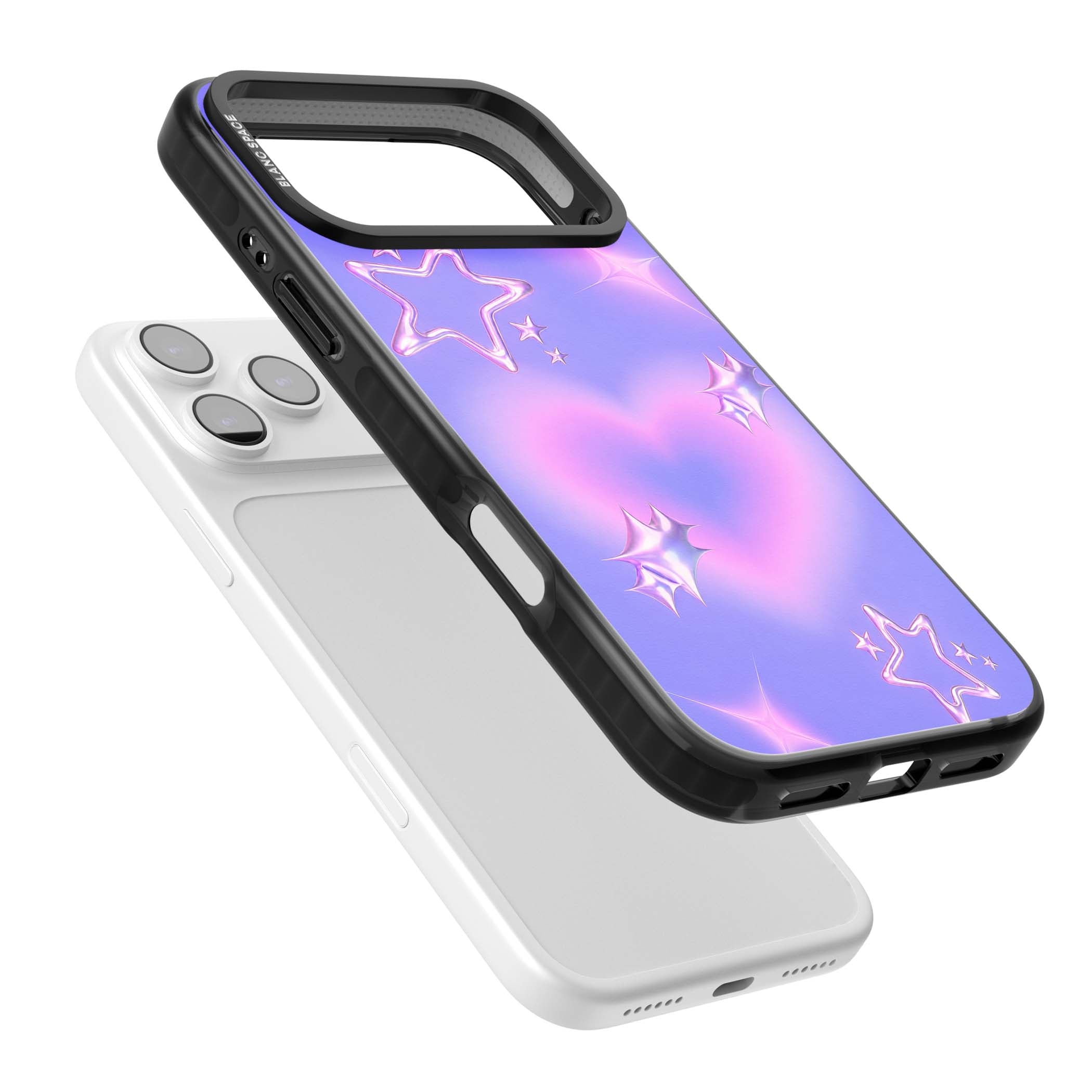 Soft Sugar Y2K iPhone case featuring iridescent chrome hearts, metallic pink stars and a lavender gradient sky | Clear Impact case for iPhone 17 Pro, iPhone 17 Pro Max
