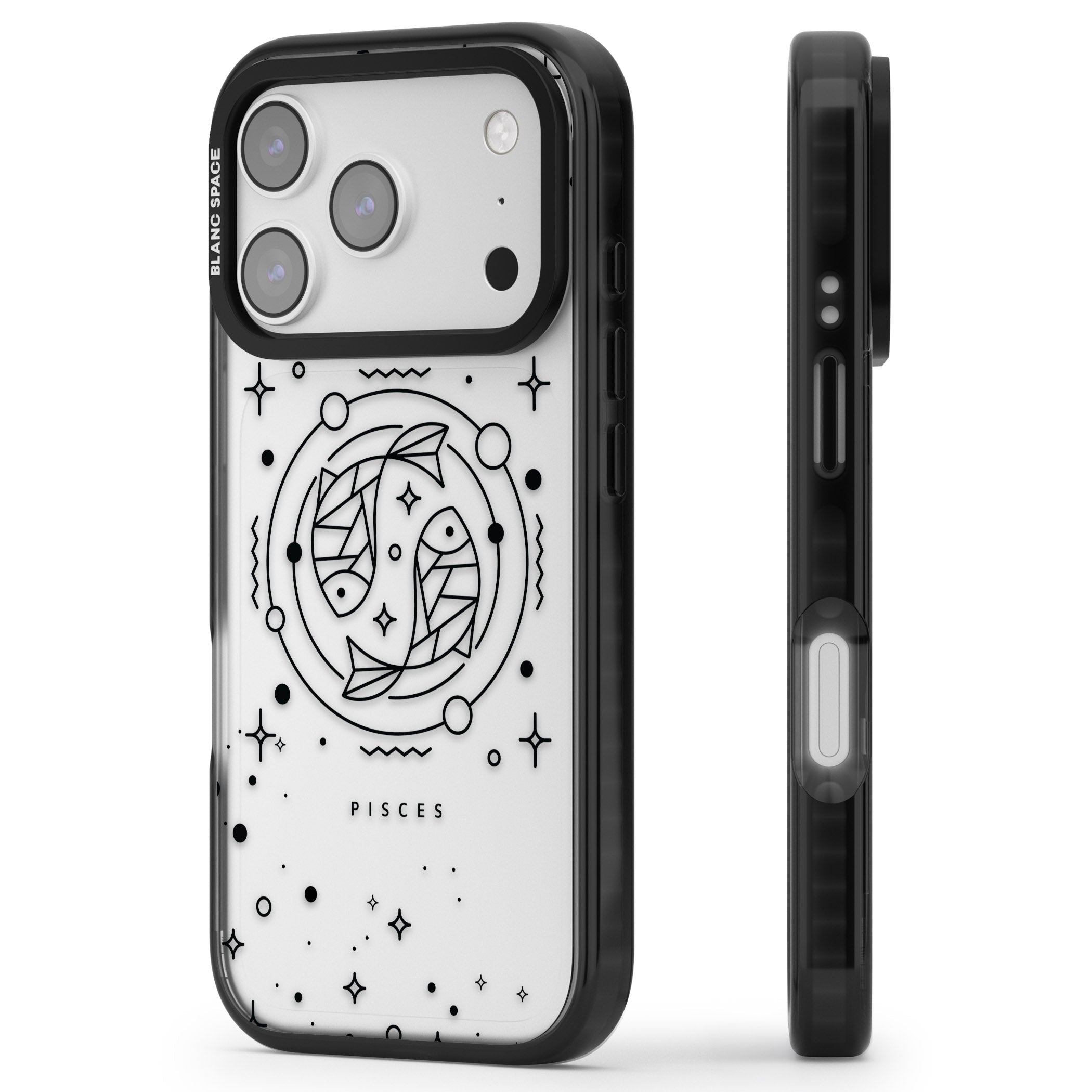 Pisces Emblem Transparent iPhone 17 Pro Impact Black Phone Case Side Profile