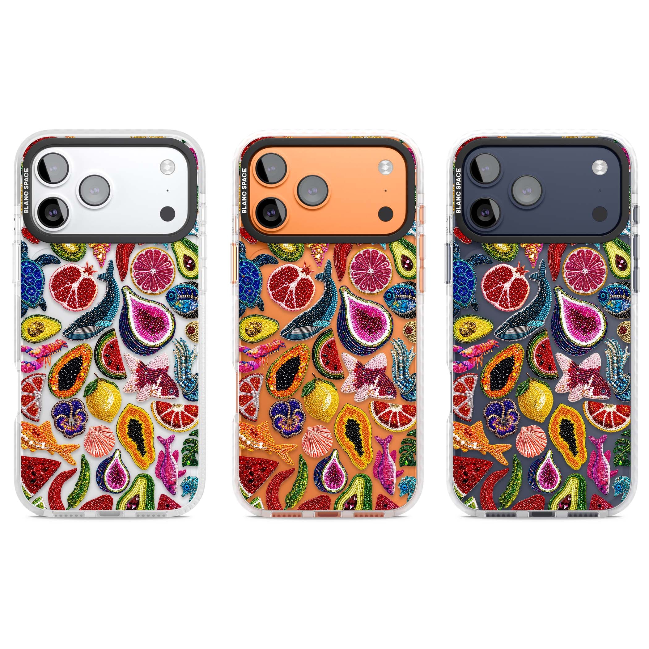Beaded Tropic tropical iPhone case featuring beaded fruit, fish, crabs and seashells in vibrant colour | Black Impact case for iPhone 17 Pro, iPhone 17 Pro Max